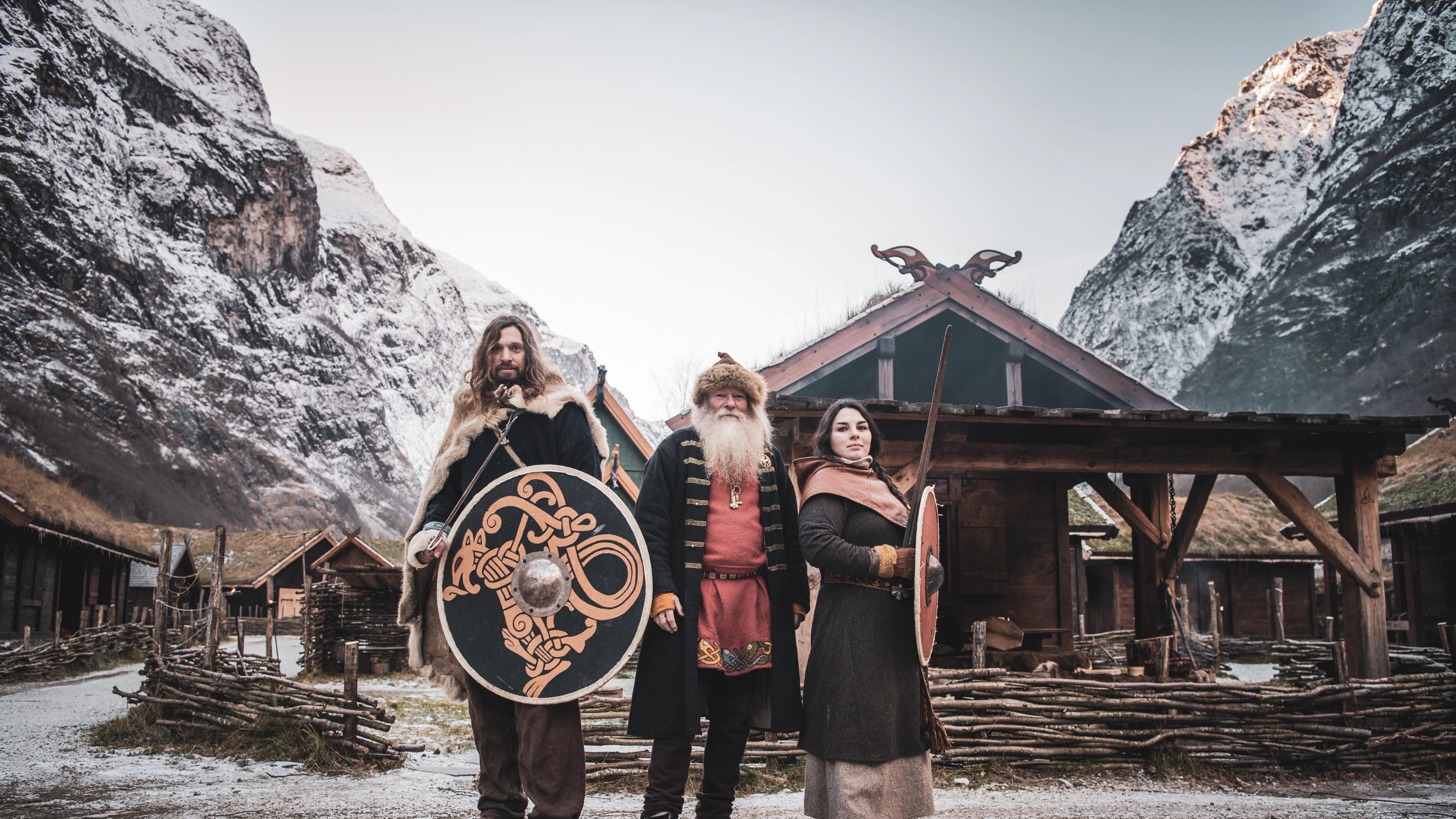 Vikings in the Viking village Njardarheimr in Gudvangen in the Sognefjord area of Fjord Norway