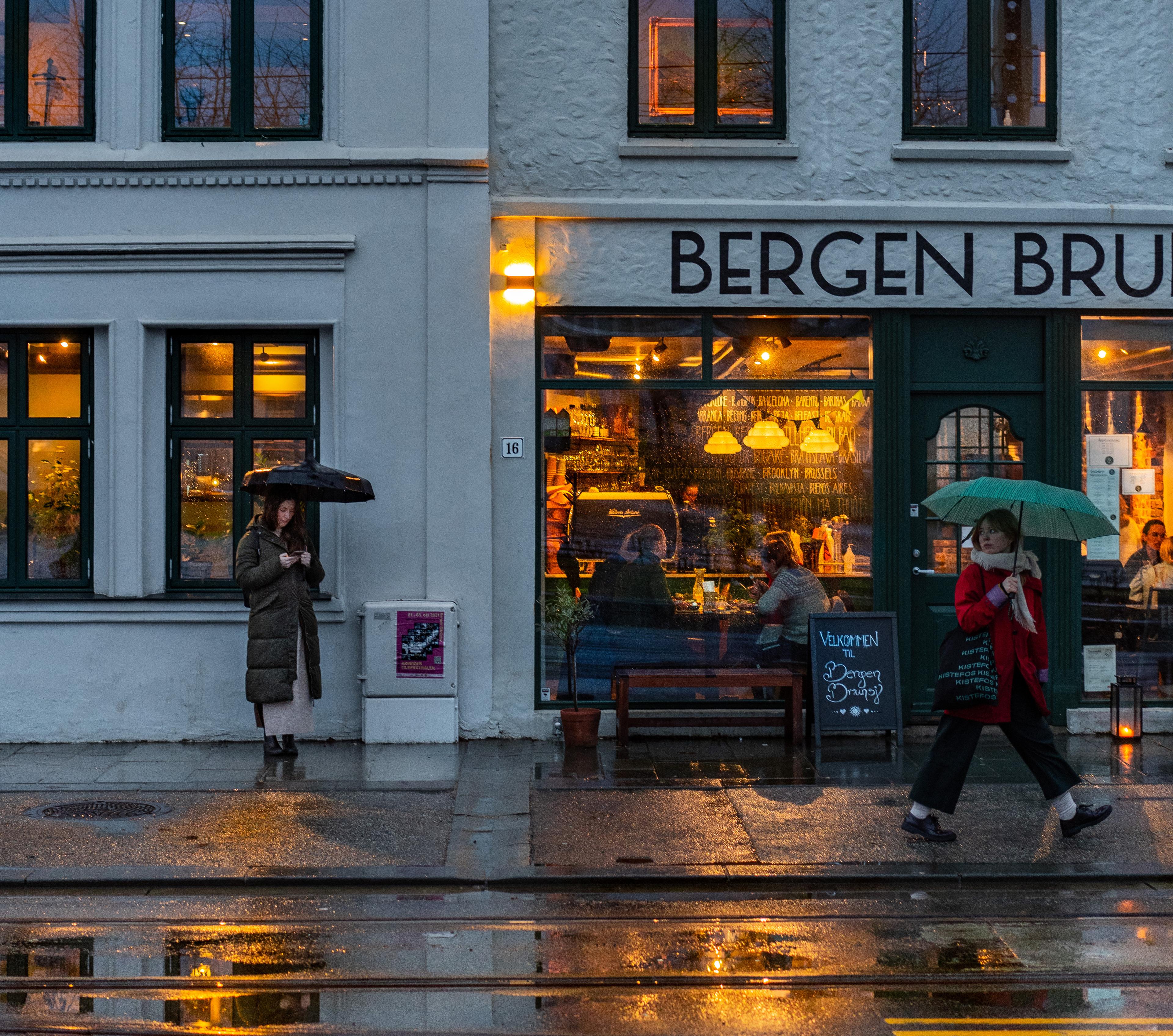 Pub on a rainy street in Bergen