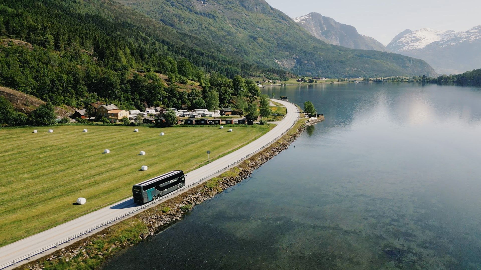 A bus driving along the coast in Norway, Vy express route vy146
