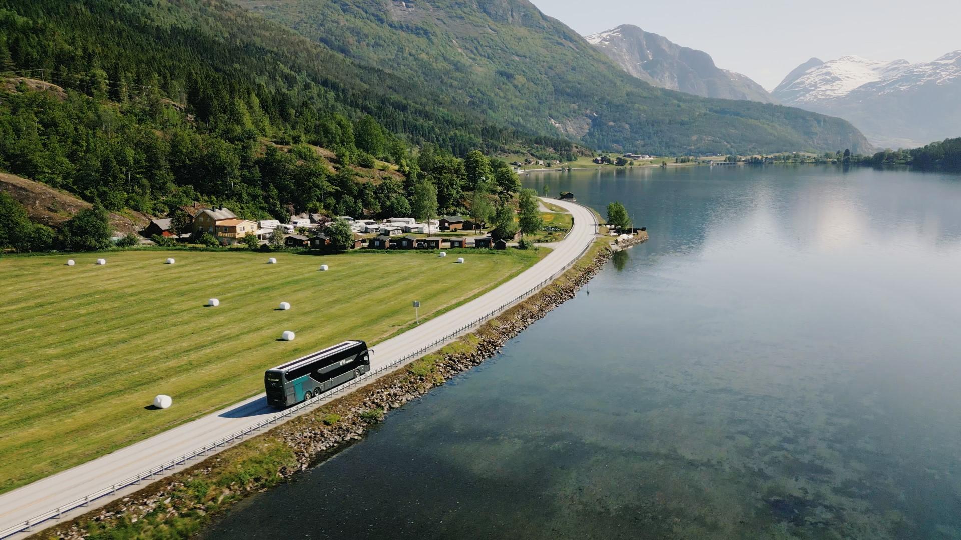 A bus driving along the coast in Norway, Vy express route vy146