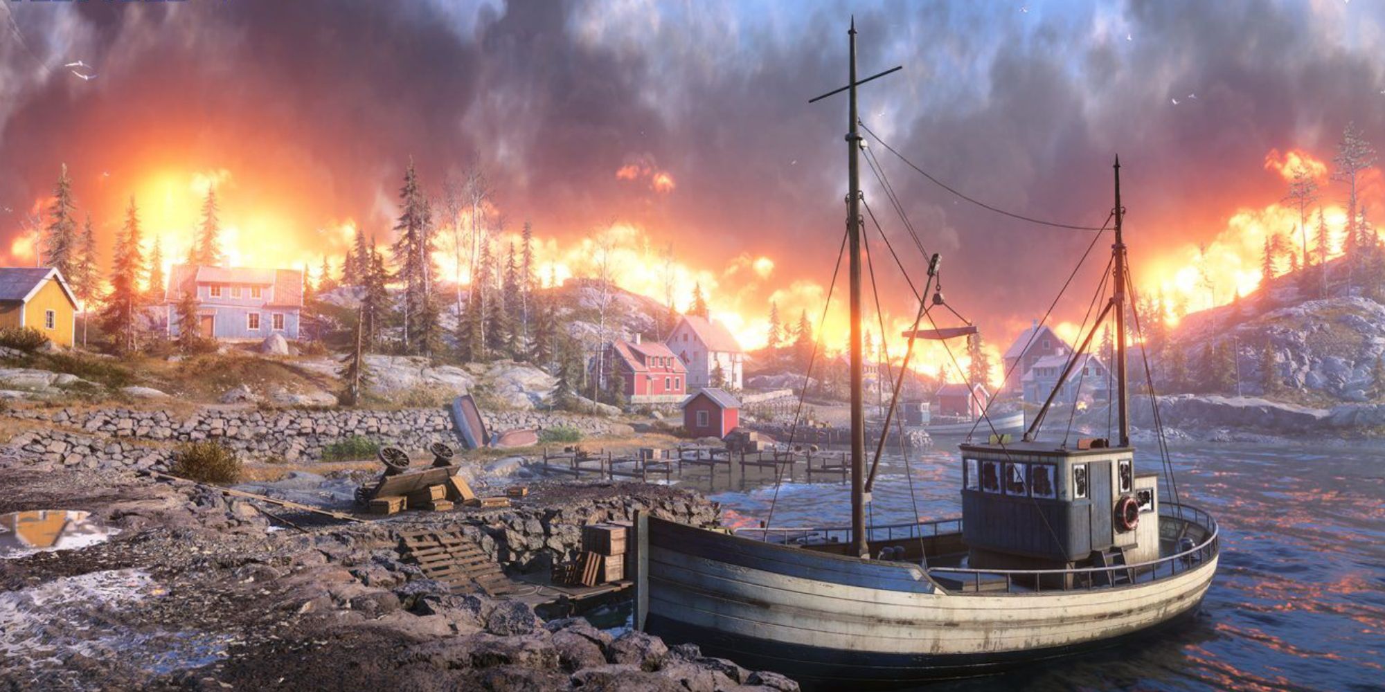 A photo from the game Battlefield V, where the small city of Rjukan is set ablaze