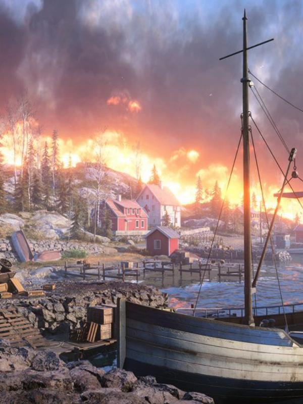 A photo from the game Battlefield V, where the small city of Rjukan is set ablaze
