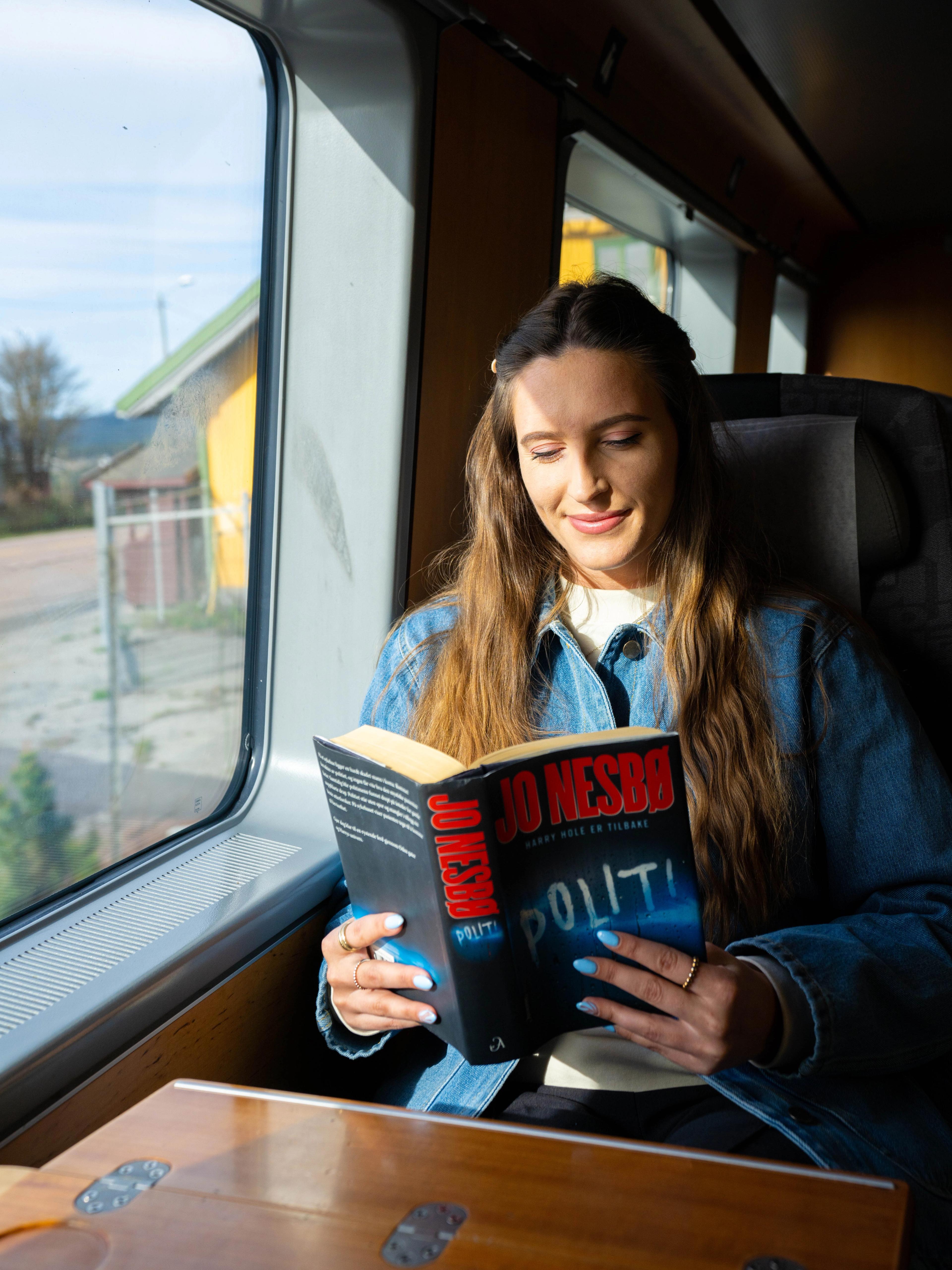A woman reading on the train, the Sørland line, from Oslo to Stavanger