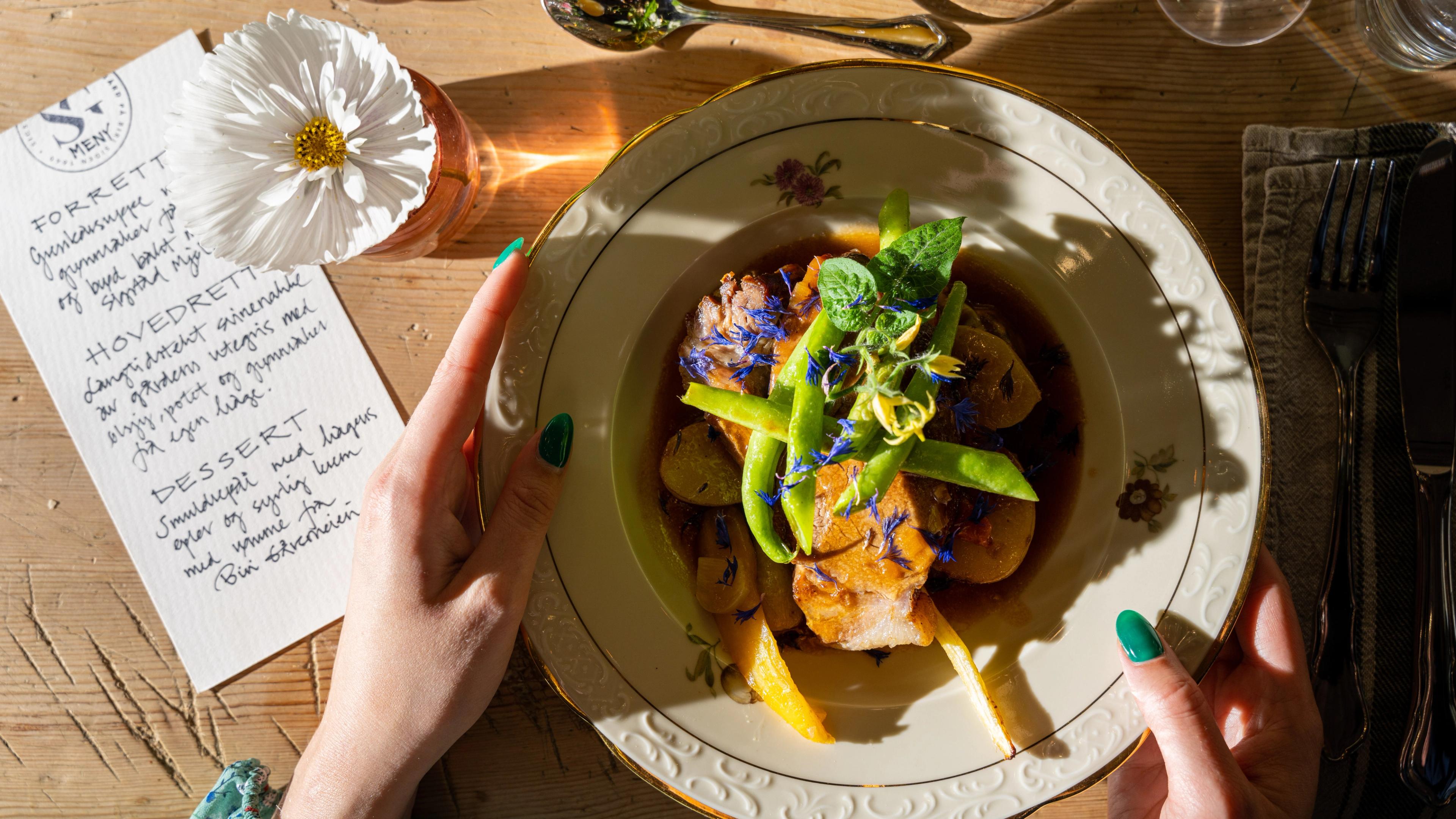 A pork meal at Sigstad farm at Biri, Eastern Norway.