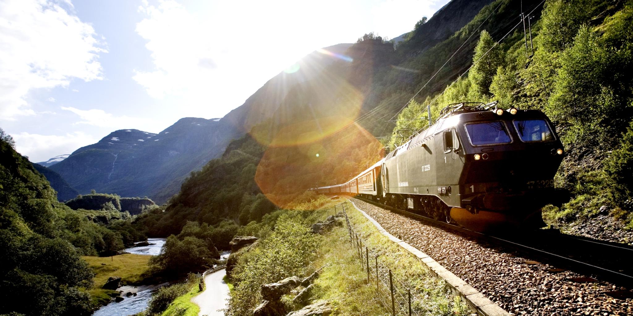 A train passing through a scenic valley in Flåm