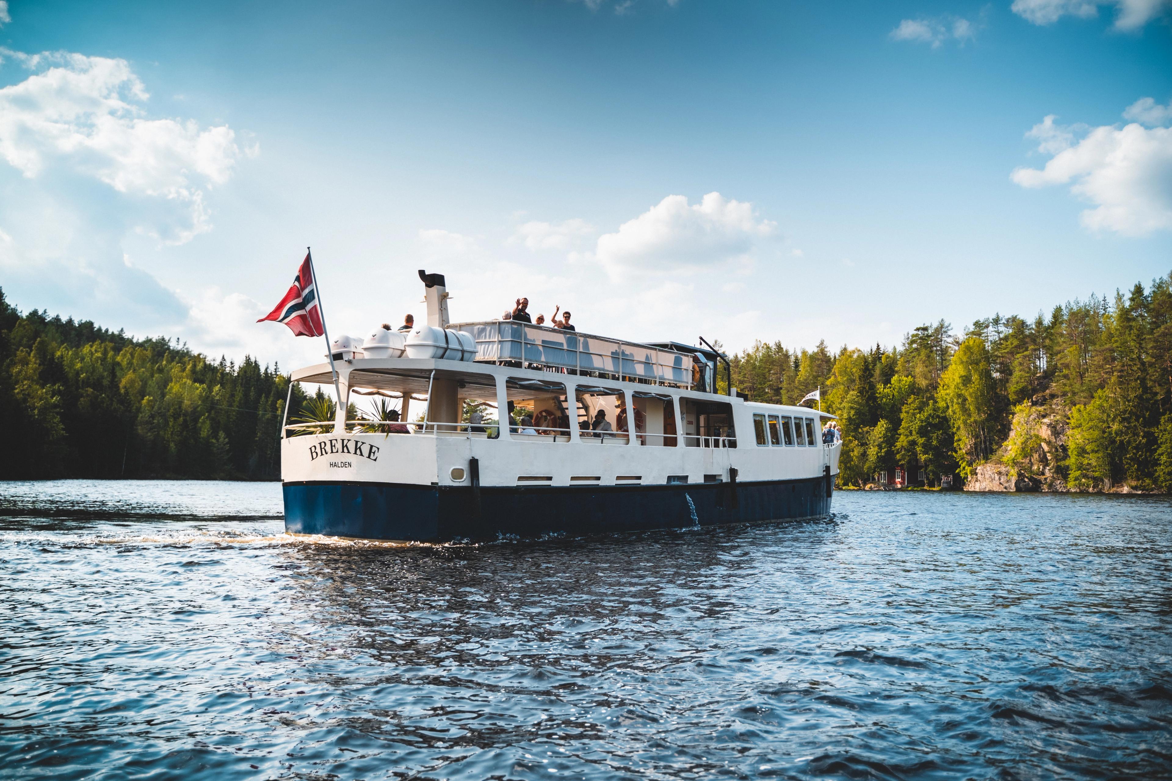The boat M/S Brekke touring on the Halden Canal in Eastern Norway.