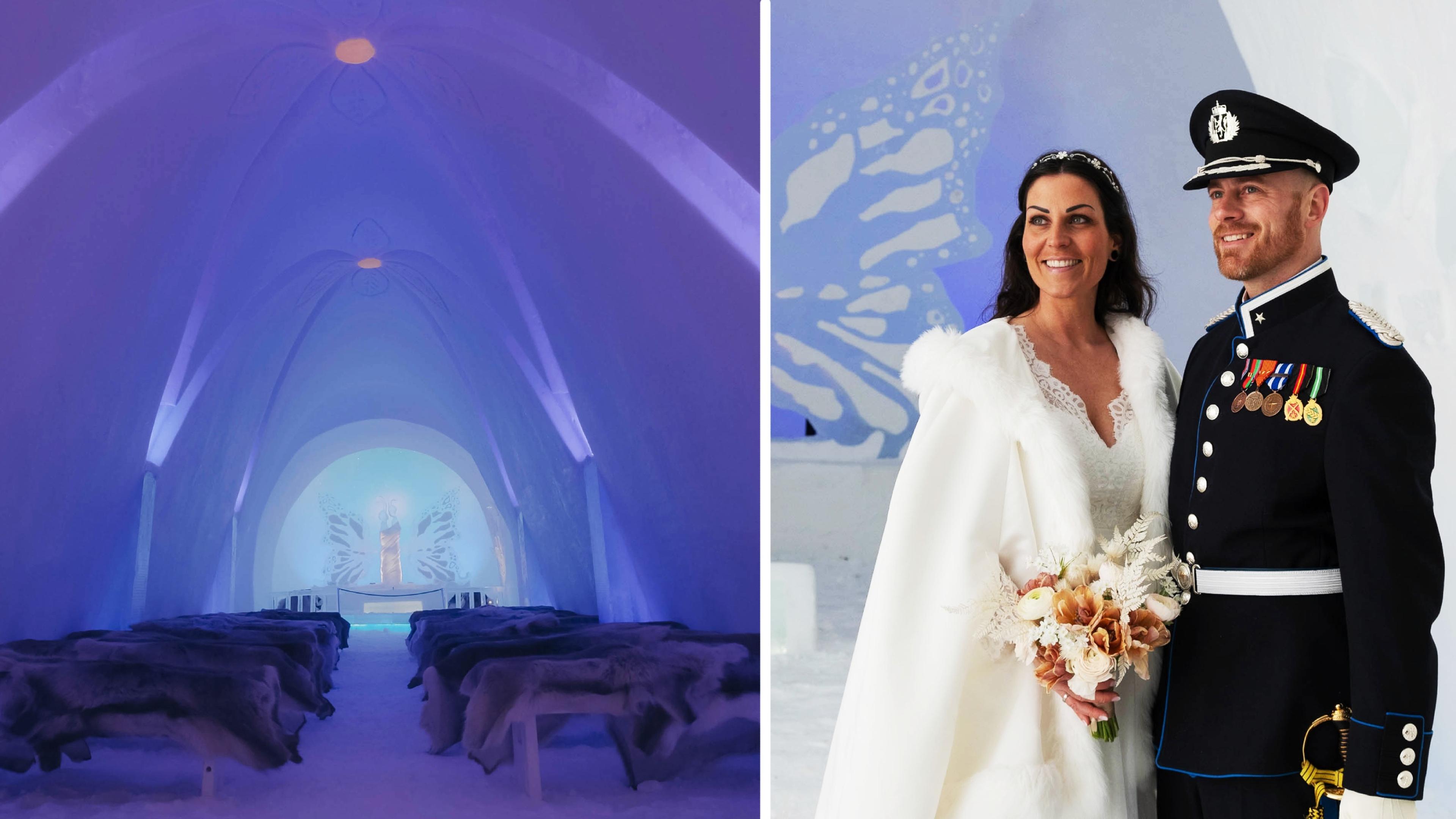 A couple getting married in the ice cathedral in Hunderfossen at Lillehammer in Eastern Norway
