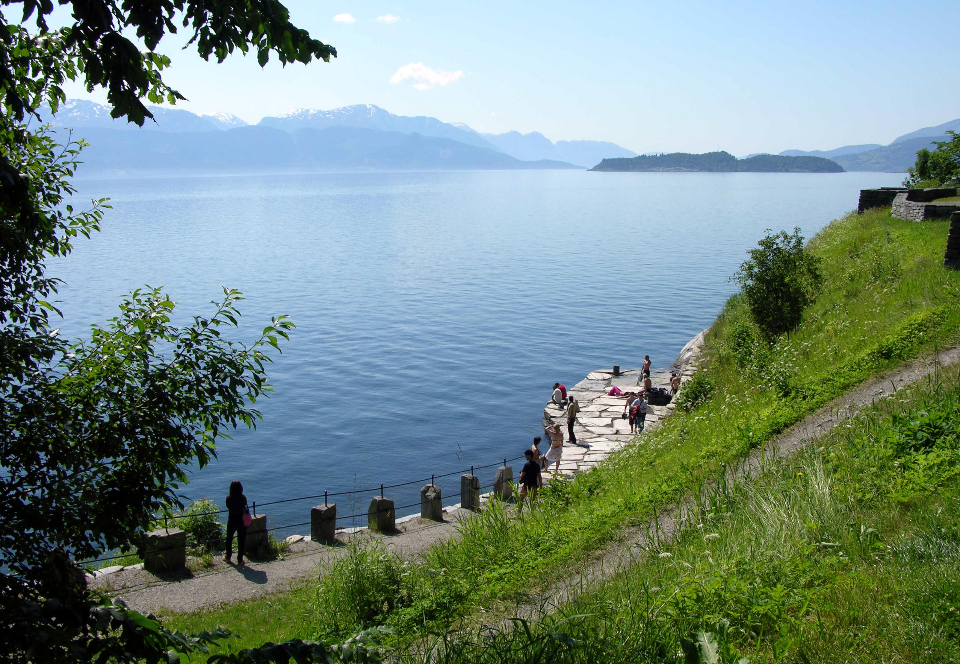 People enjoying a rock plattform by a fjord