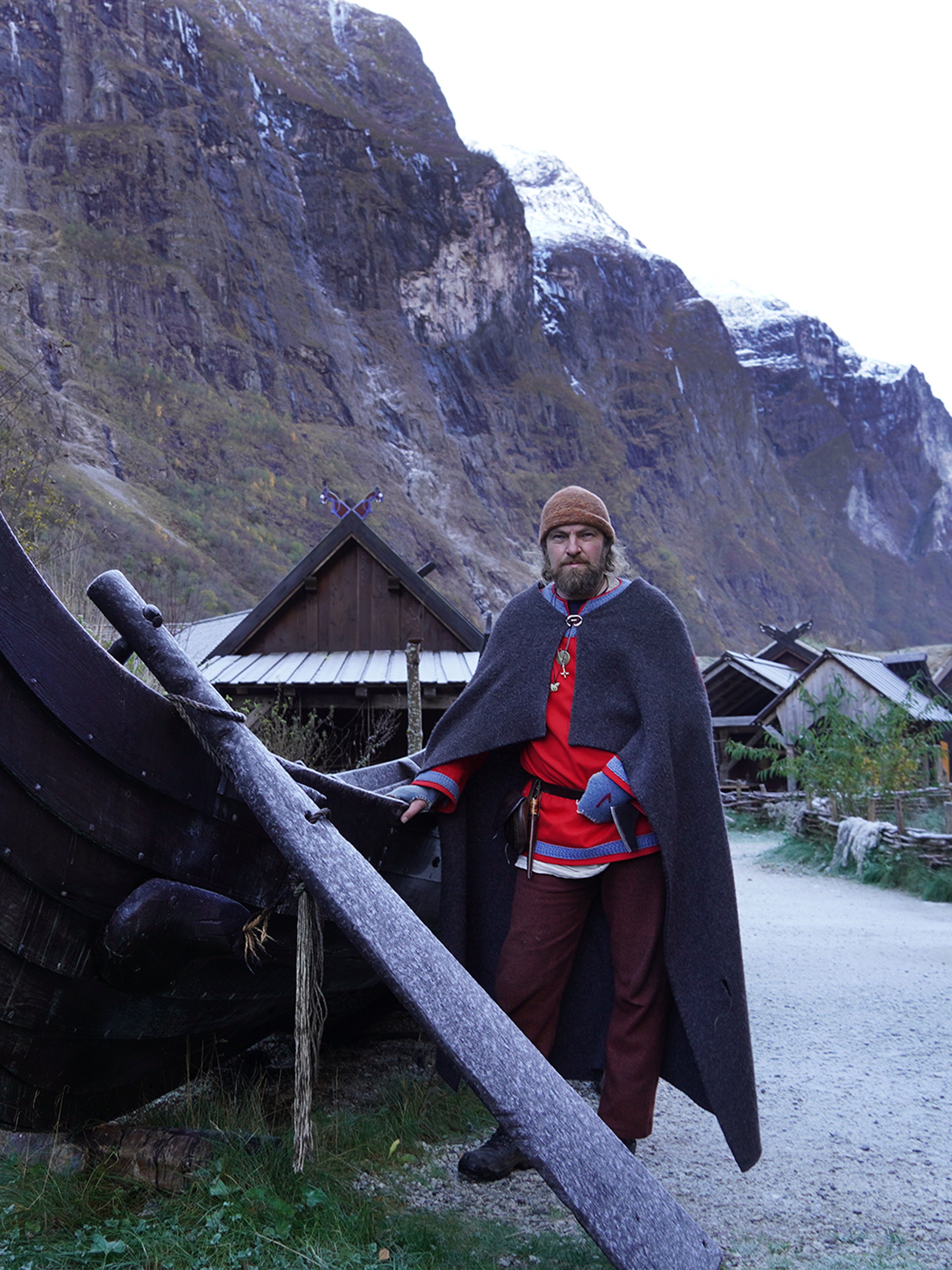 Viking in front of a viking ship in Viking Village in Gudvangen