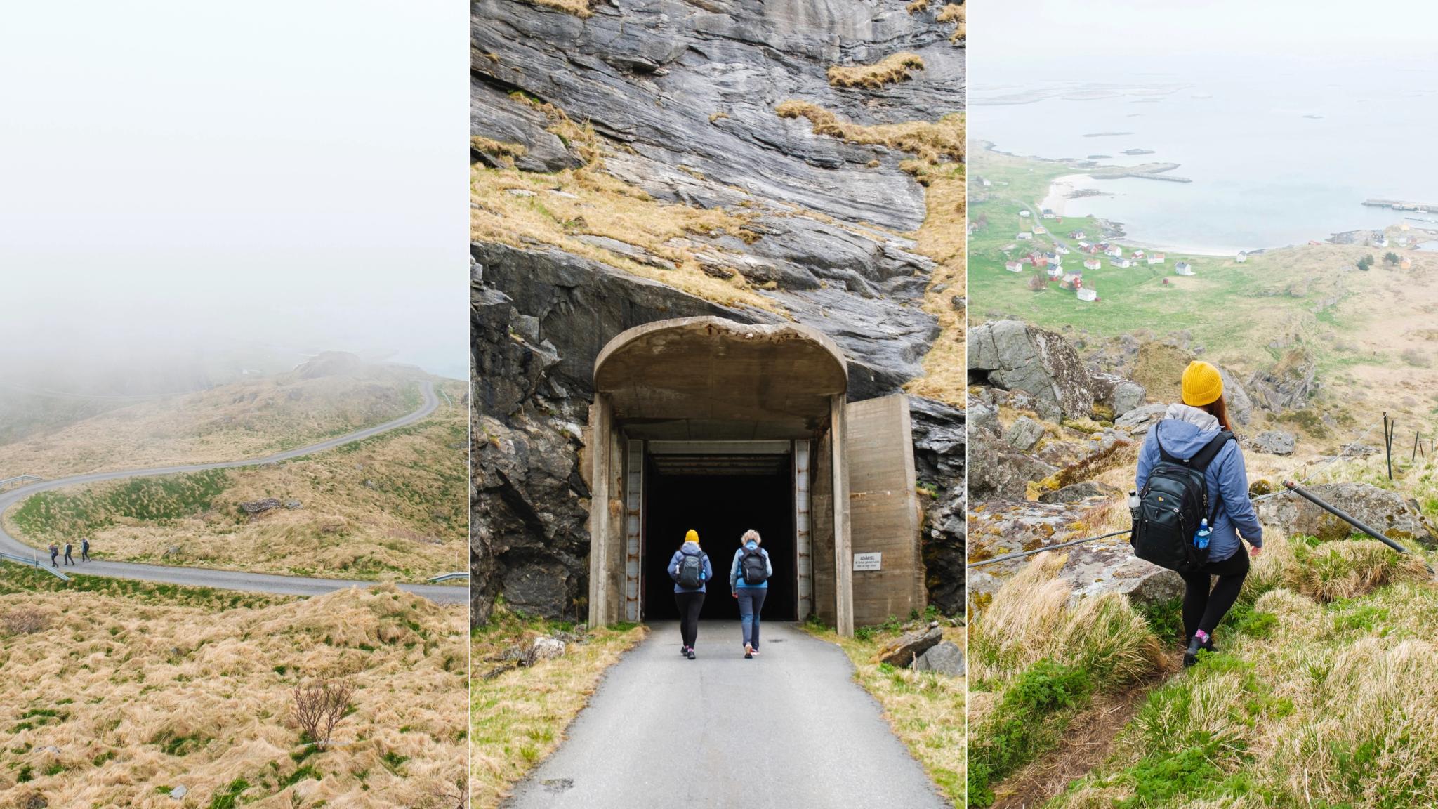 People hiking to Gompen in Træna in fog, Northern Norway