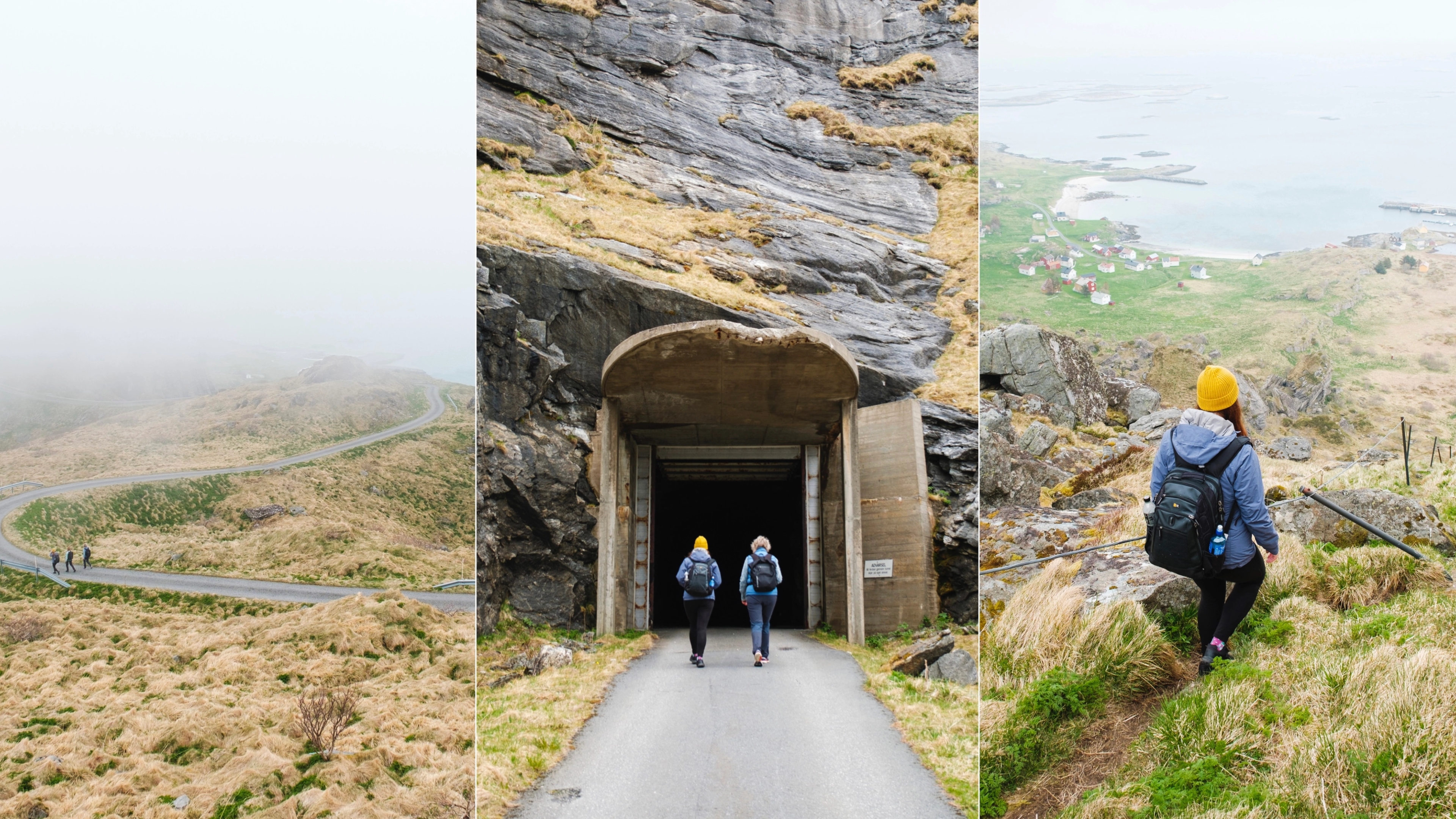 People hiking to Gompen in Træna in fog, Northern Norway