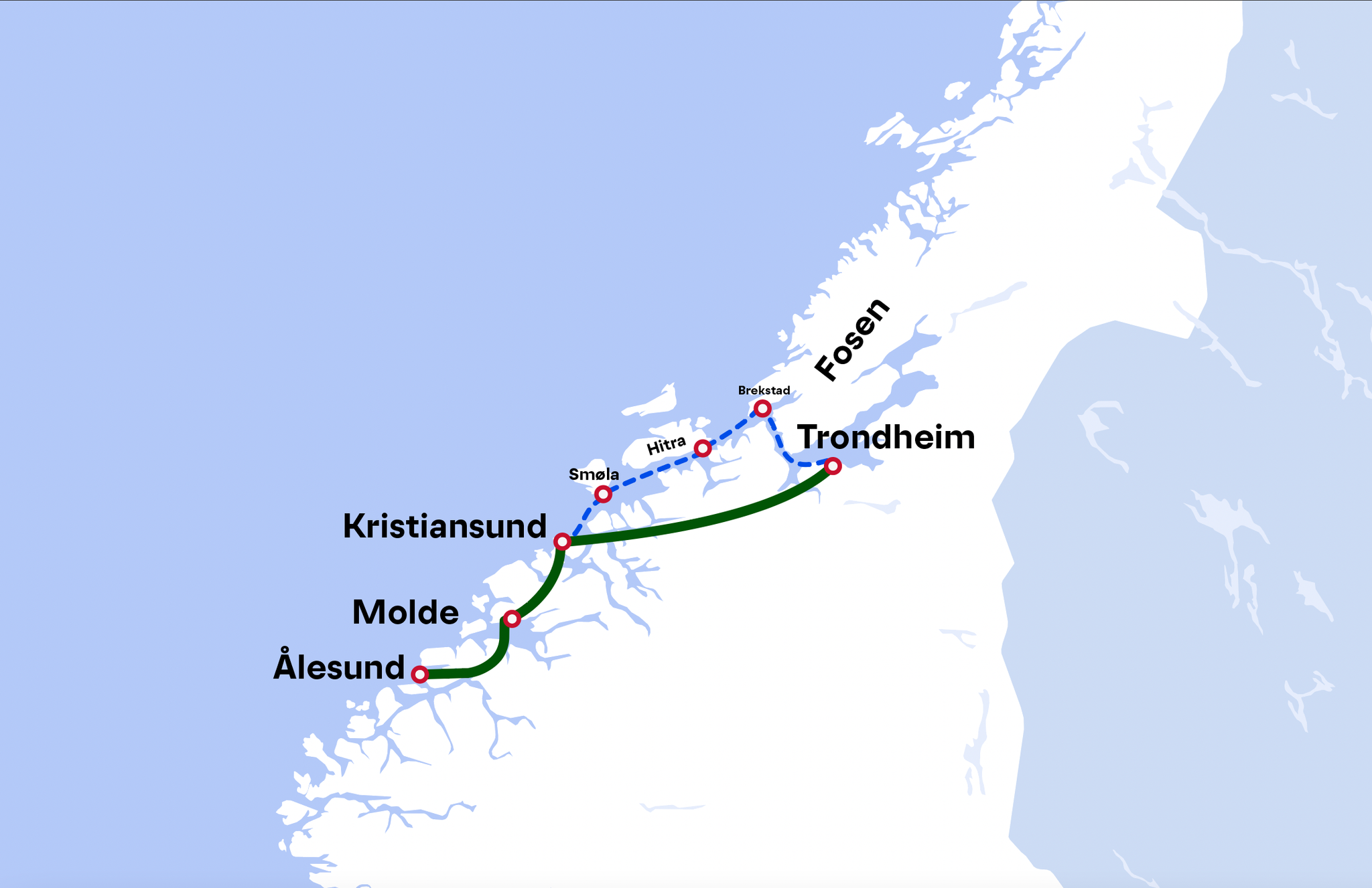 Map: Trondheim - Kristiansund - Molde - Ålesund
