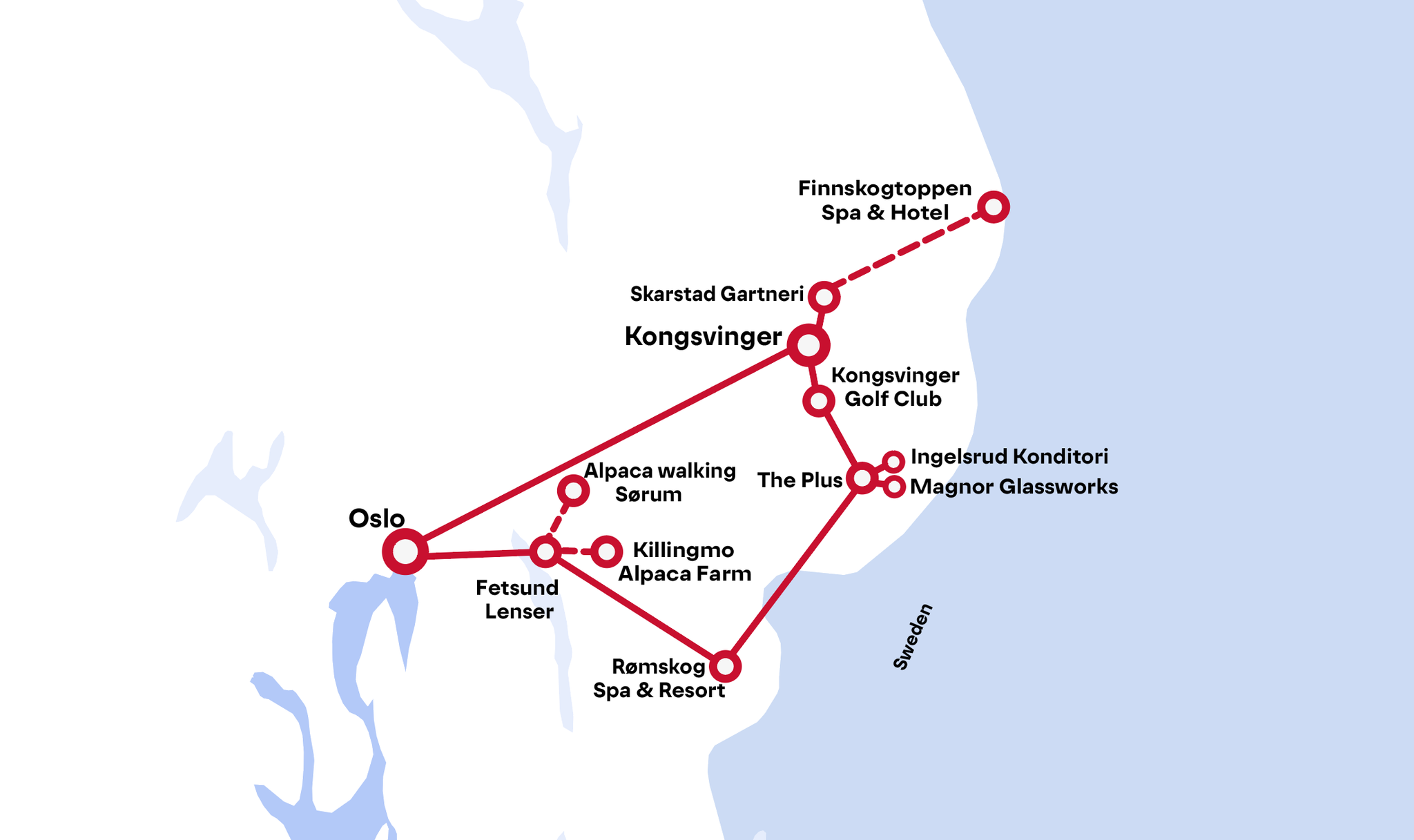 A map showing a possible weekend trip route from Oslo
