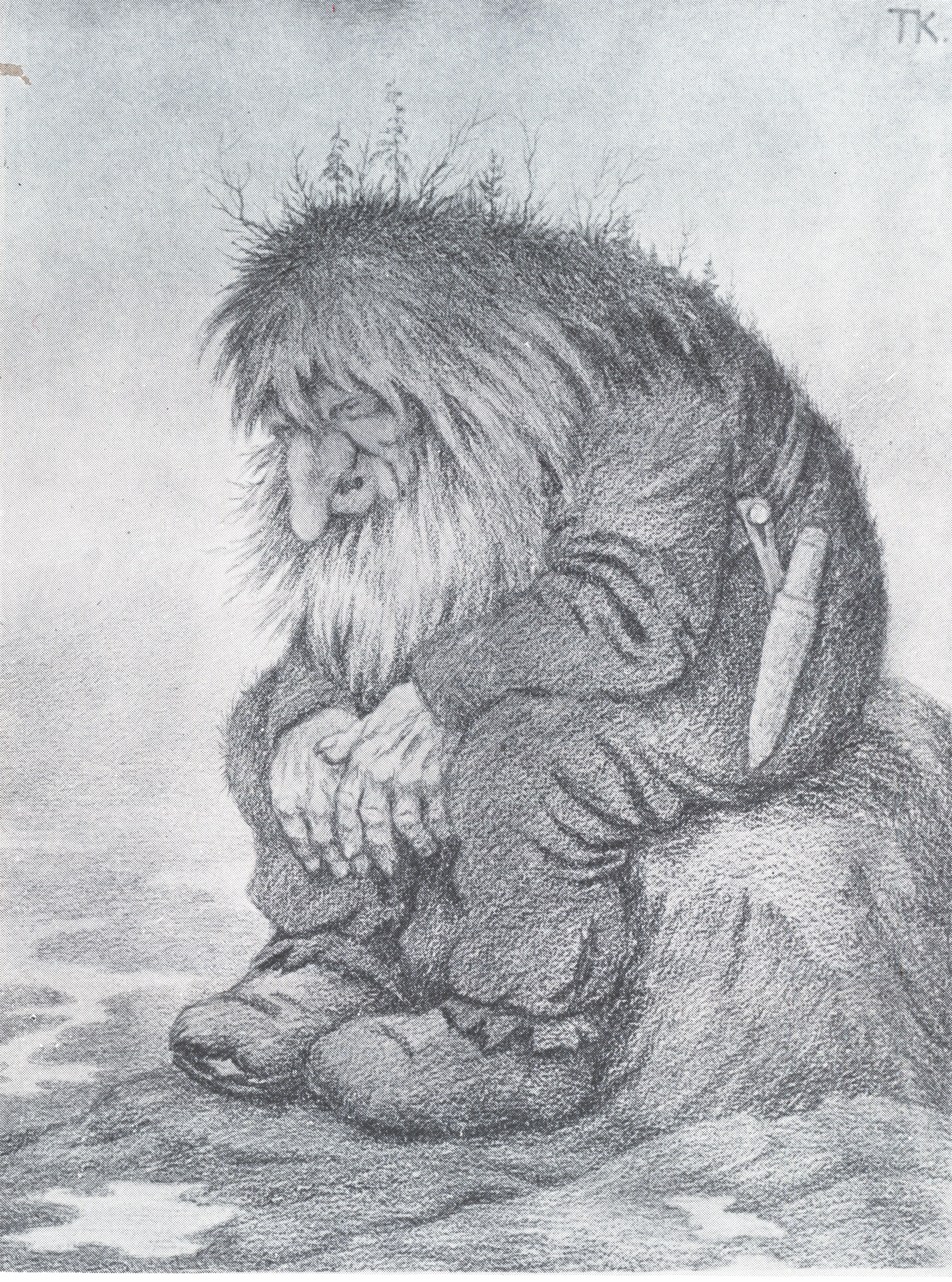 A sketch of a troll sitting and thinking