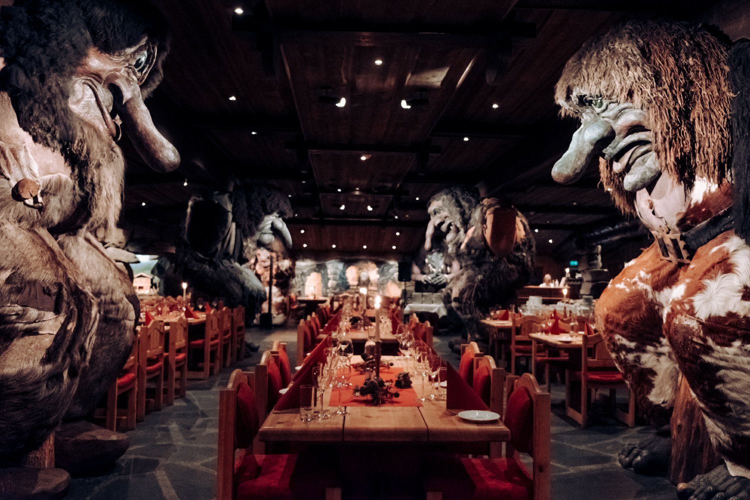 Trolls inside the hall of trolls restaurant at Hunderfossen fairytale park
