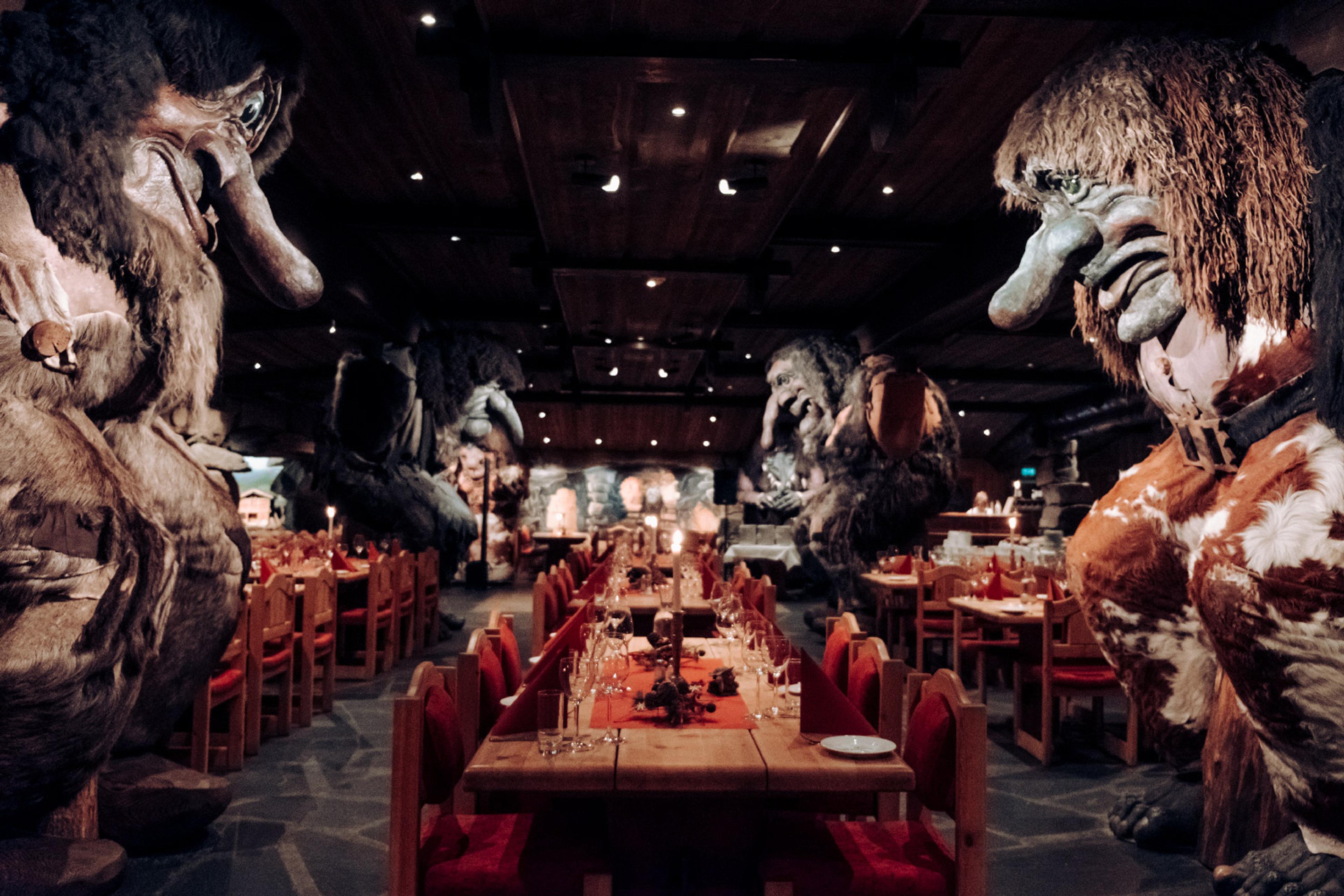 Trolls inside the hall of trolls restaurant at Hunderfossen fairytale park