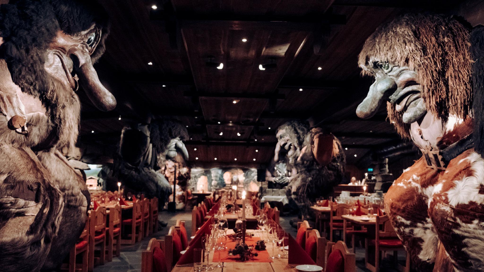Trolls inside the hall of trolls restaurant at Hunderfossen fairytale park