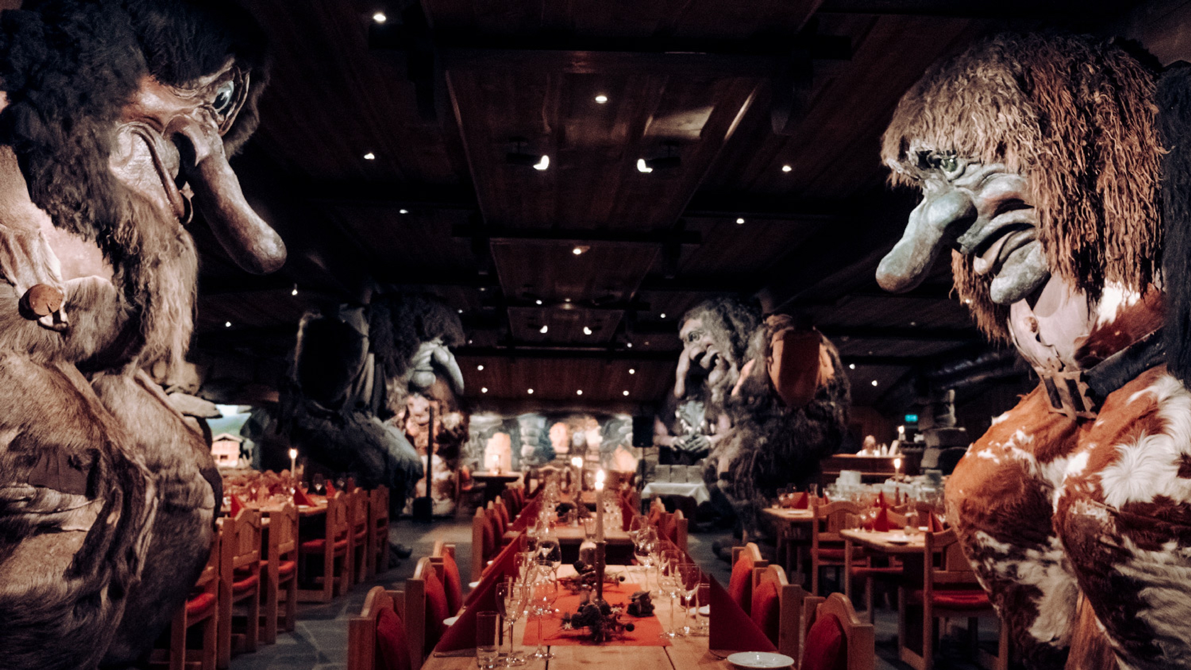 Trolls inside the hall of trolls restaurant at Hunderfossen fairytale park
