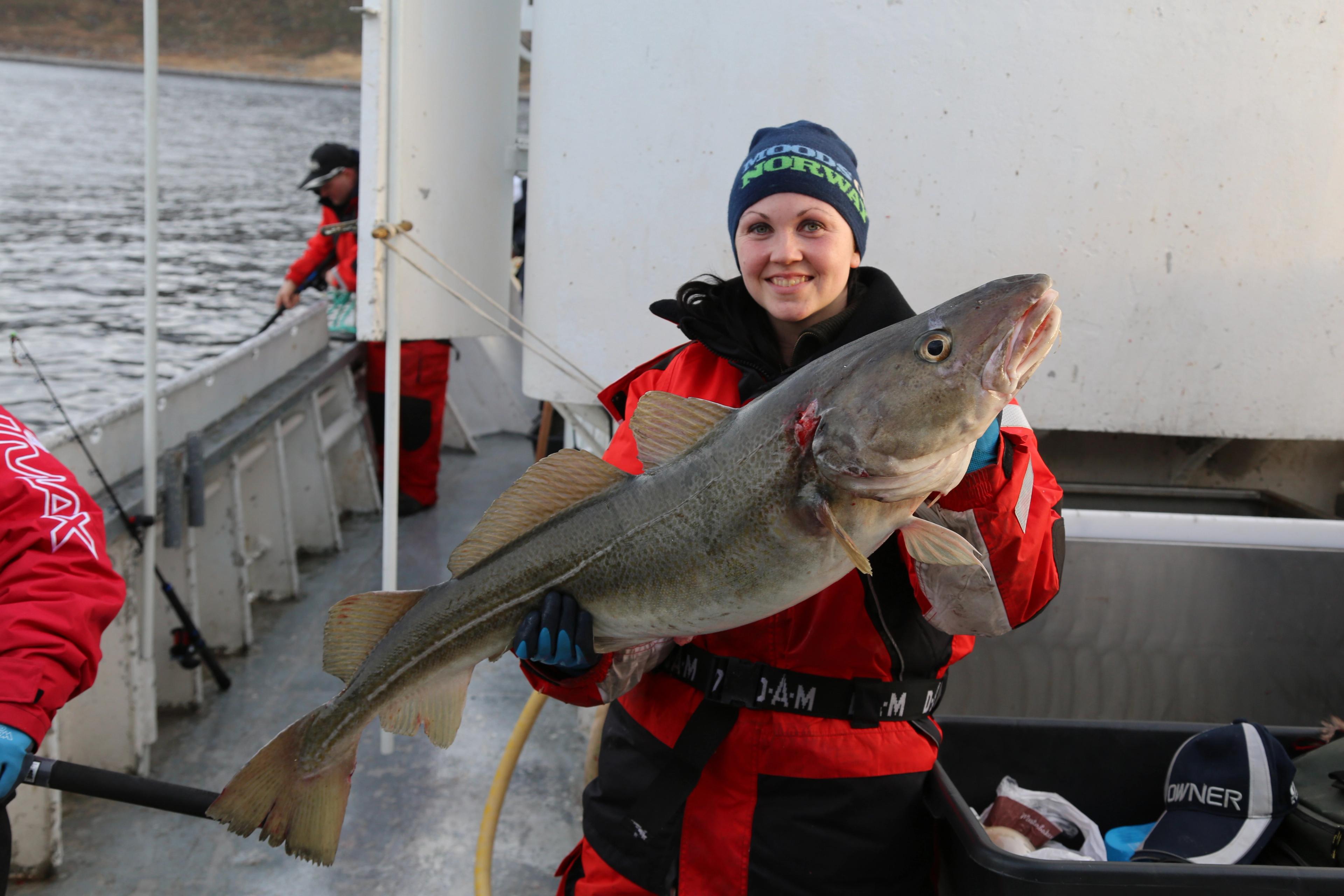 Woman with a Borgundfjord cod, during the fishery in Ålesund