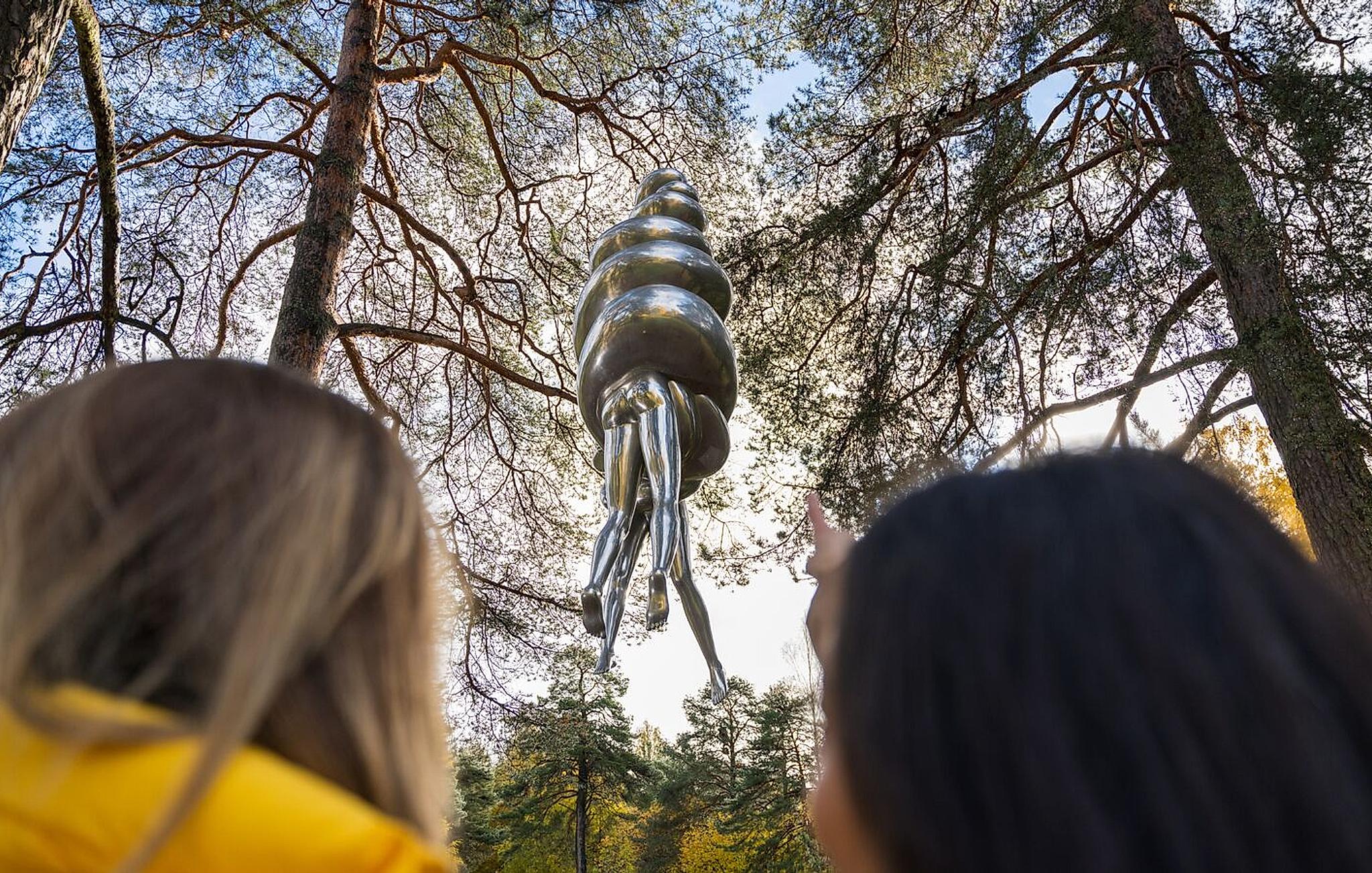 To women looking at "The Couple" by Louise Bourgeois in the Ekeberg Park, Oslo, Norway.