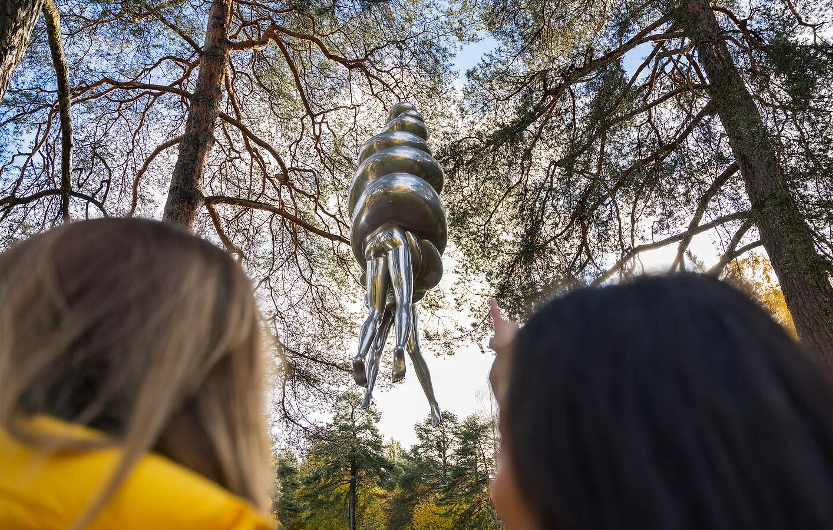 To women looking at "The Couple" by Louise Bourgeois in the Ekeberg Park, Oslo, Norway.