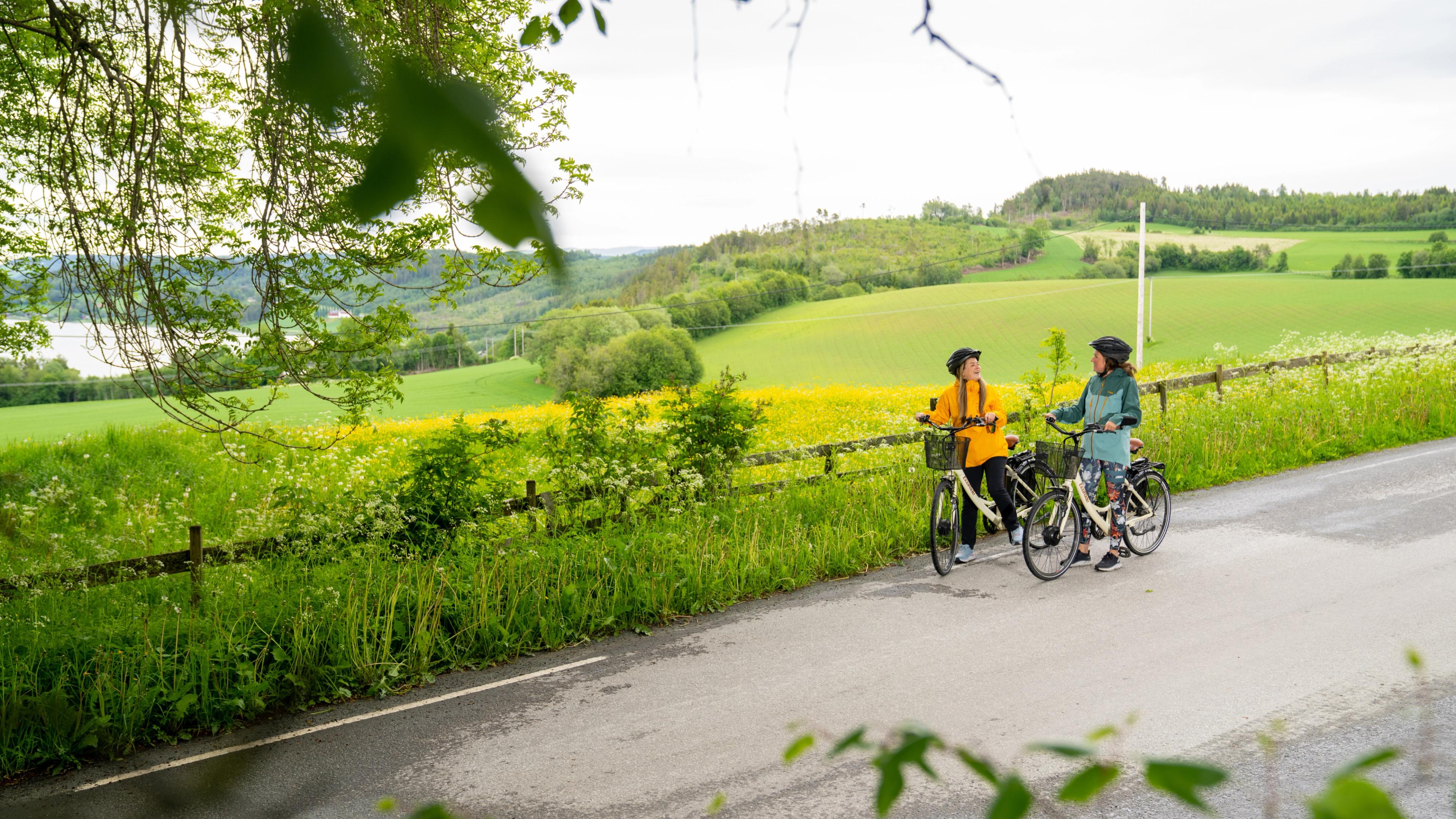 Two women cycling among flowerfields at The Golden Road, Inderøy