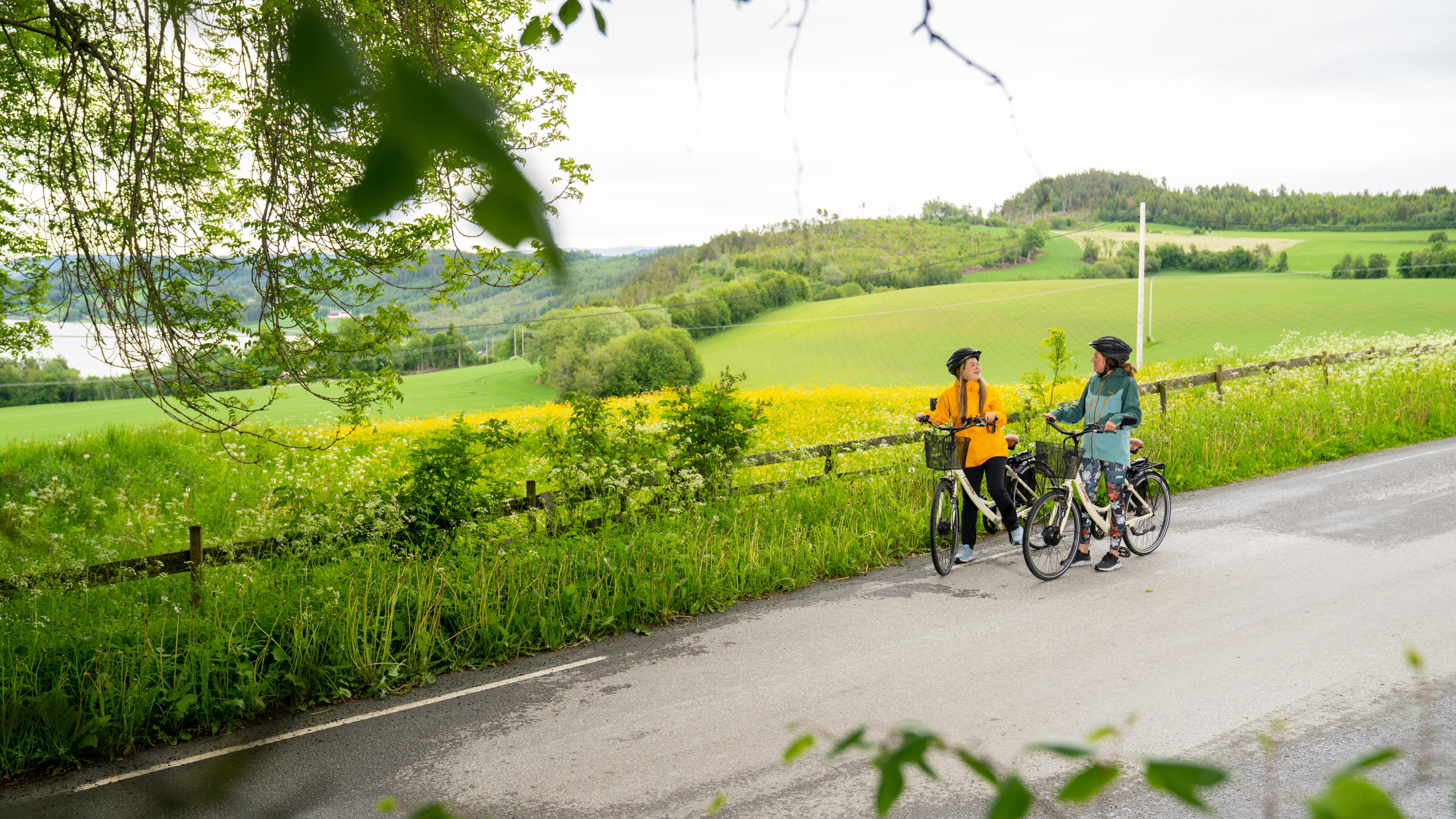 Two women cycling among flowerfields at The Golden Road, Inderøy