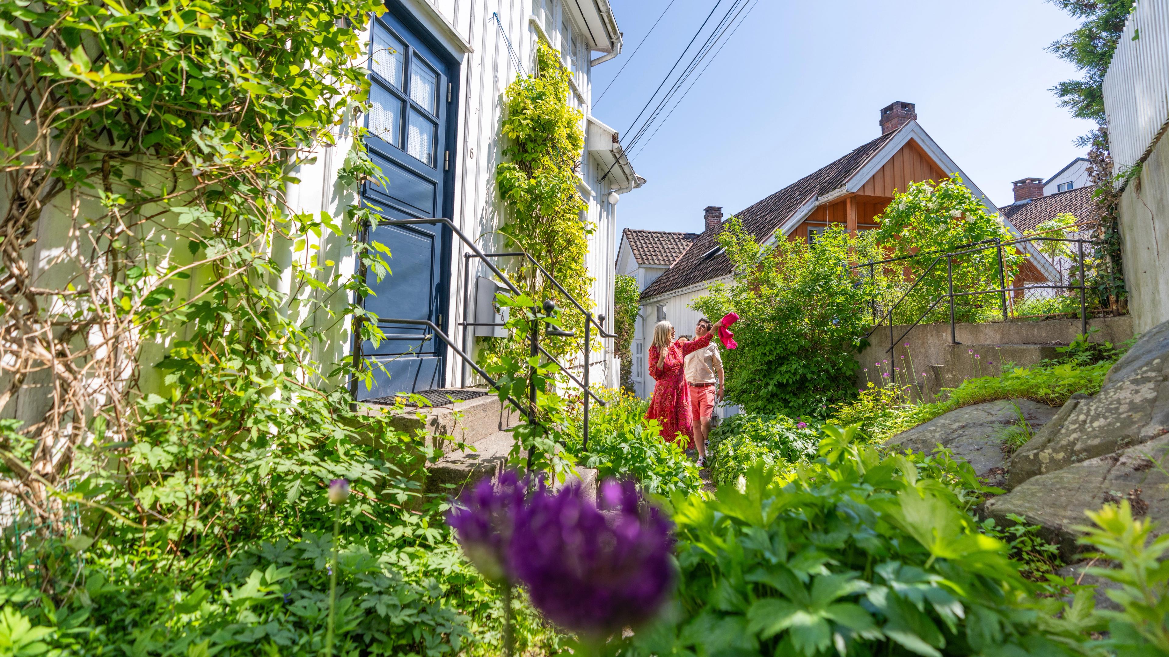 Sightseeing through narrow alley between wooden houses in Risør, Southern Norway
