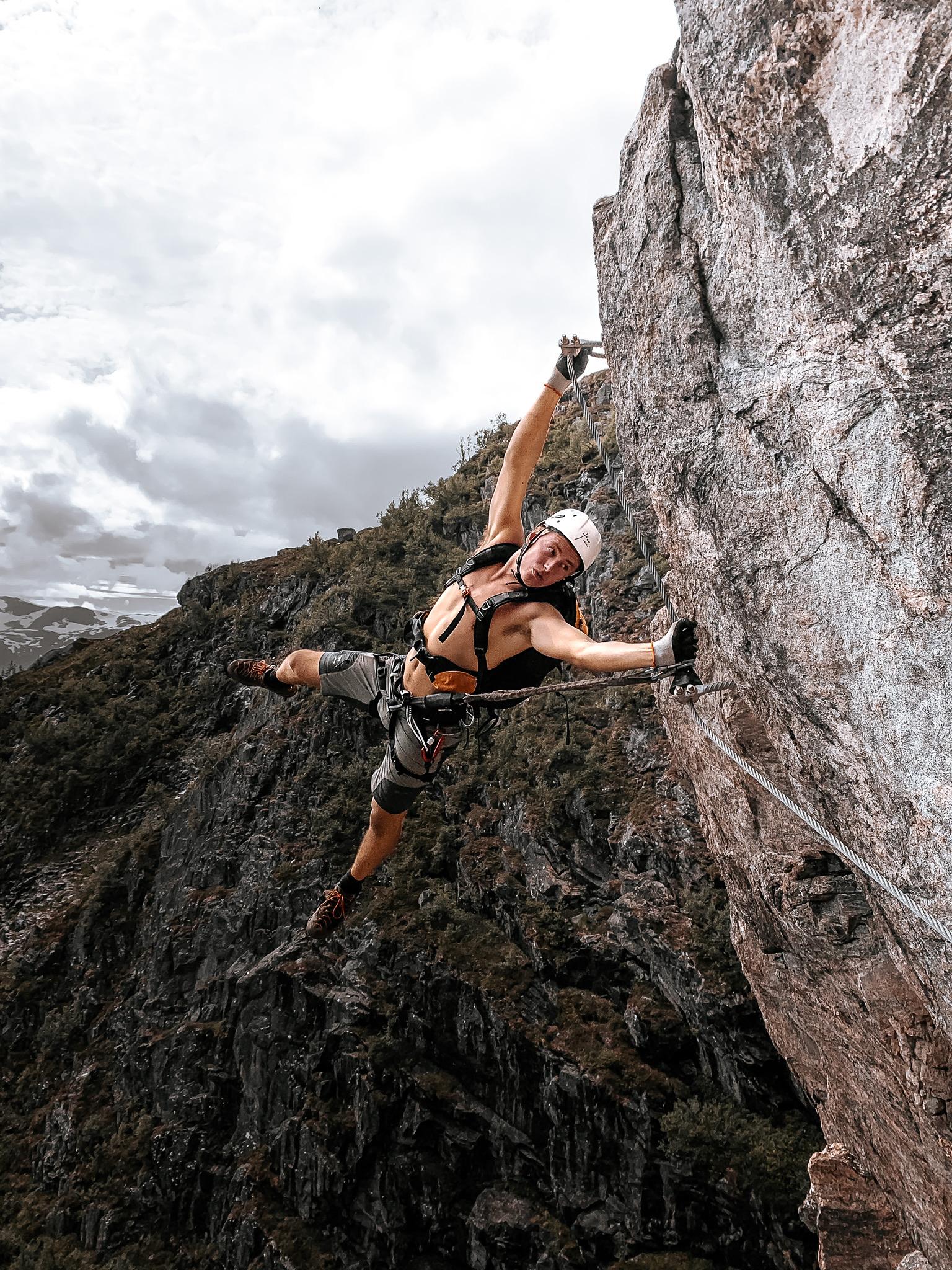 A man enjoying the via ferrata in Loen