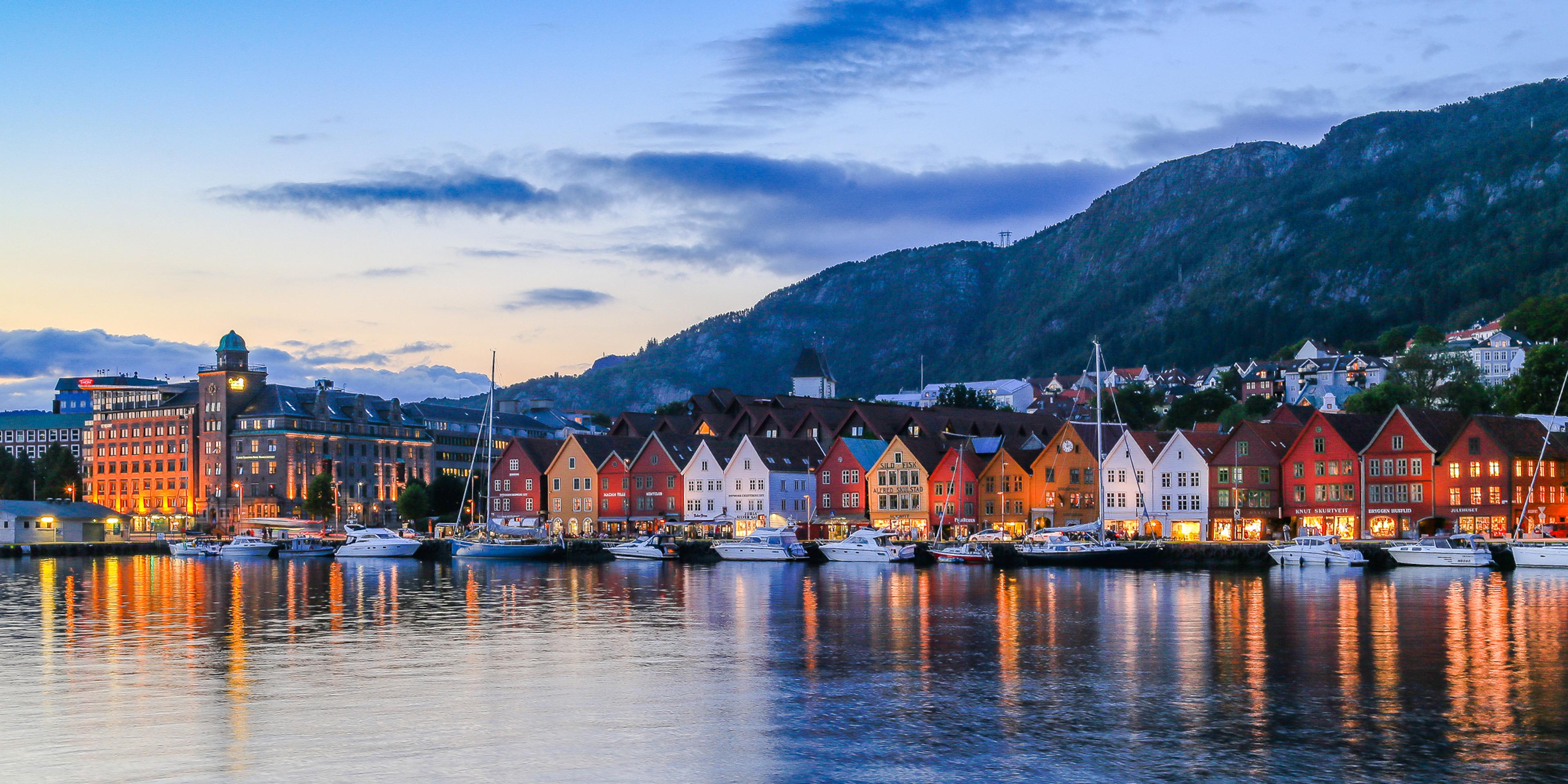 Evening at the UNESCO world heritage site Bryggen in Bergen, Fjord Norway