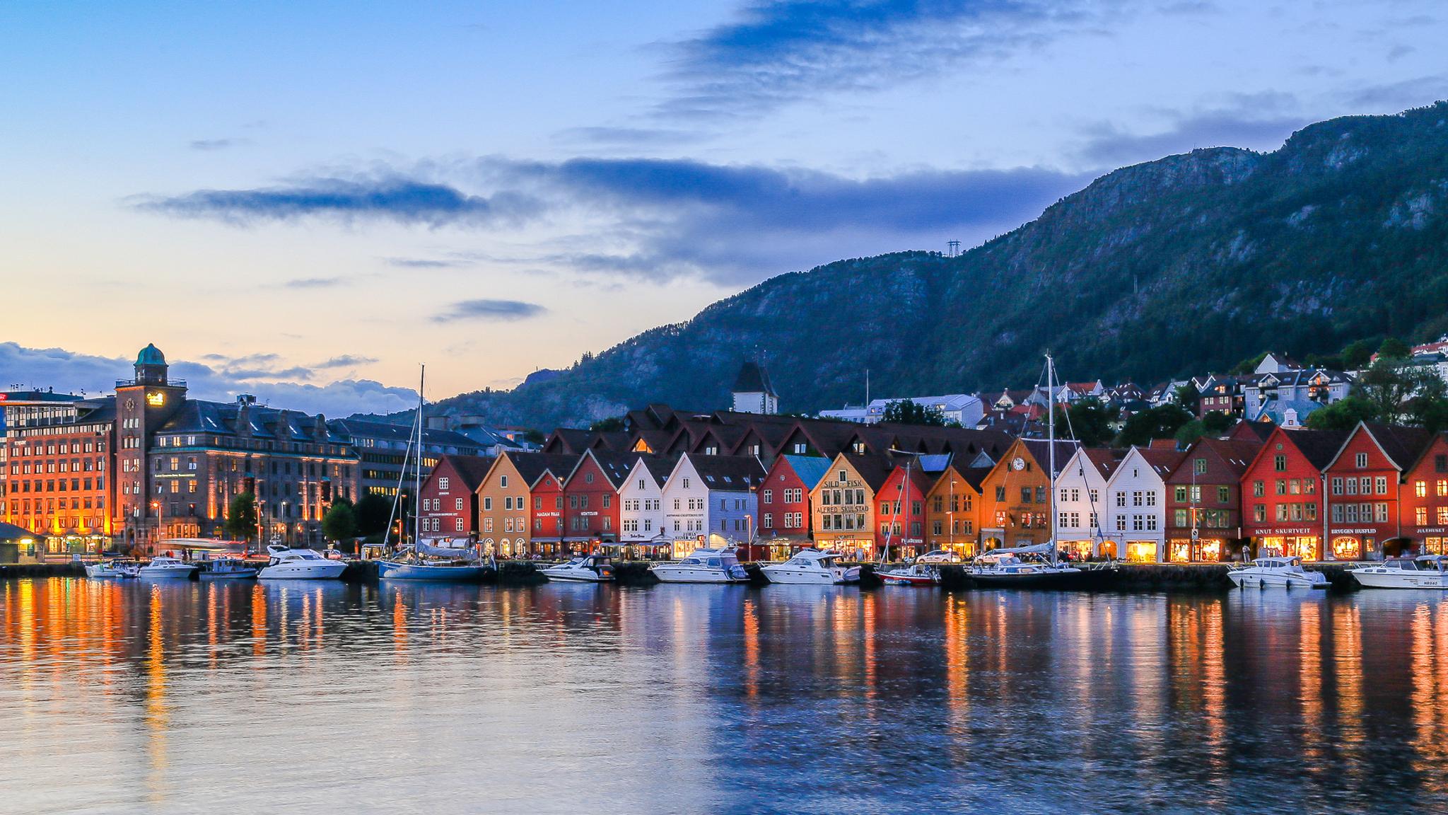 Evening at the UNESCO world heritage site Bryggen in Bergen, Fjord Norway