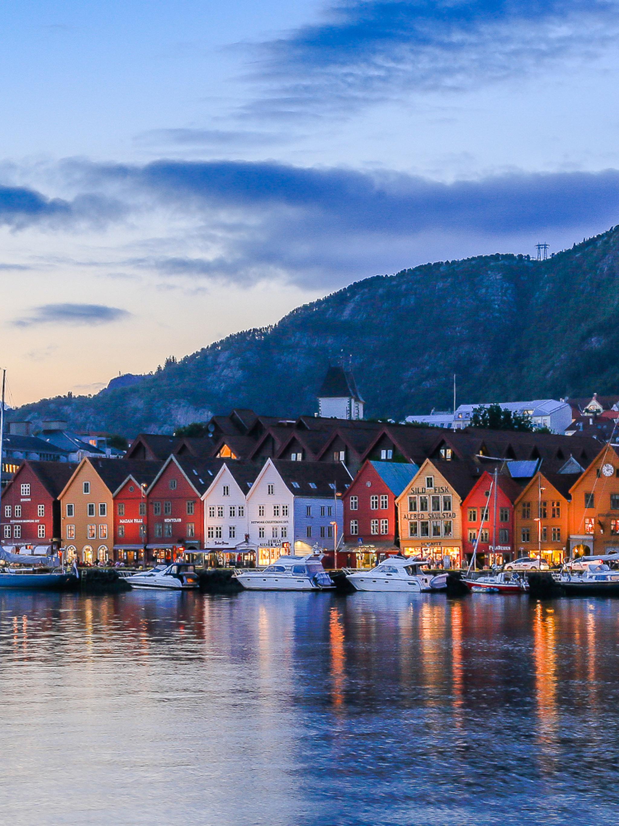 Evening at the UNESCO world heritage site Bryggen in Bergen, Fjord Norway