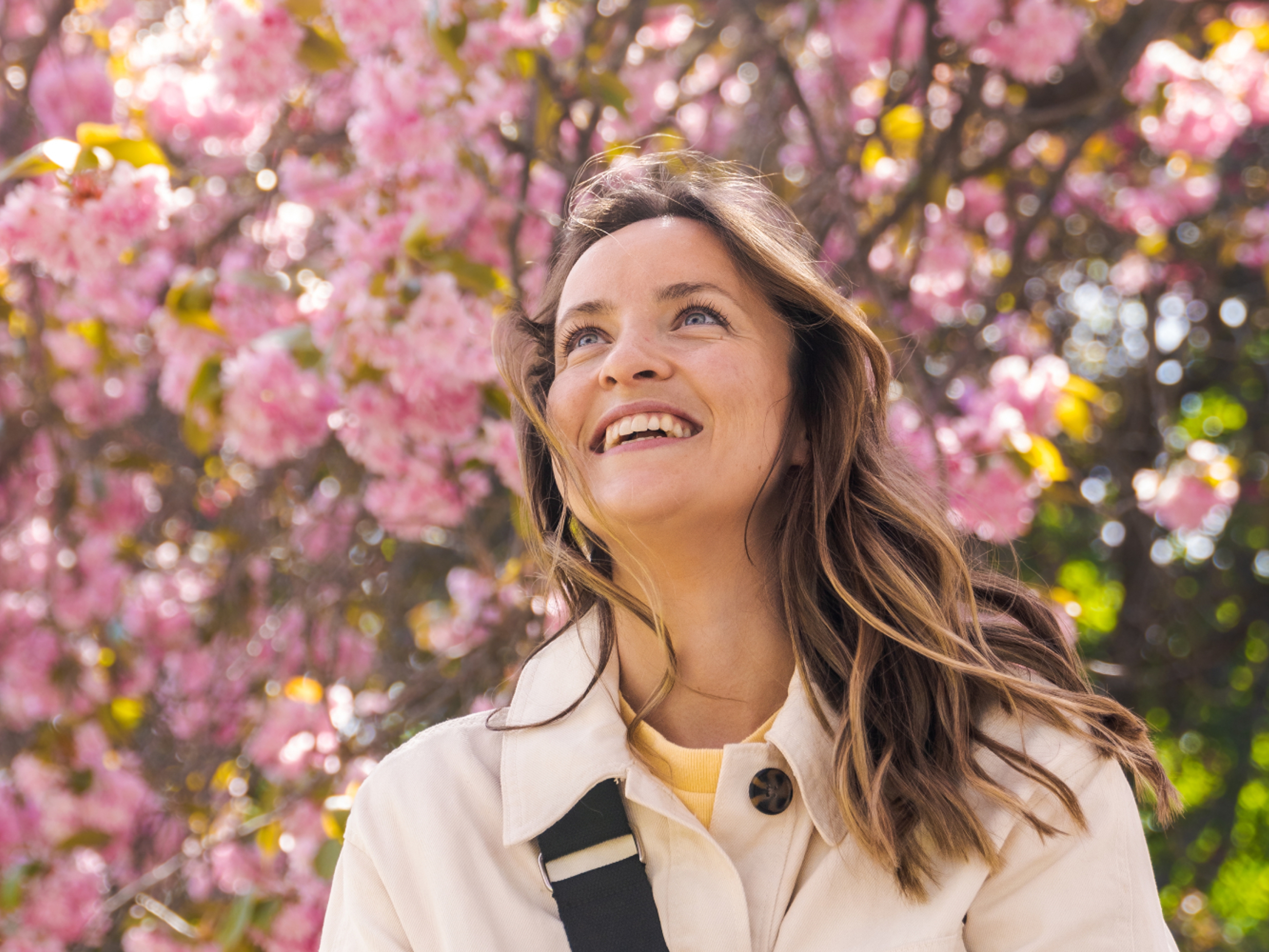 Woman under a pink cherry tree in the Botanic garden at Tøyen in Oslo, Eastern Norway