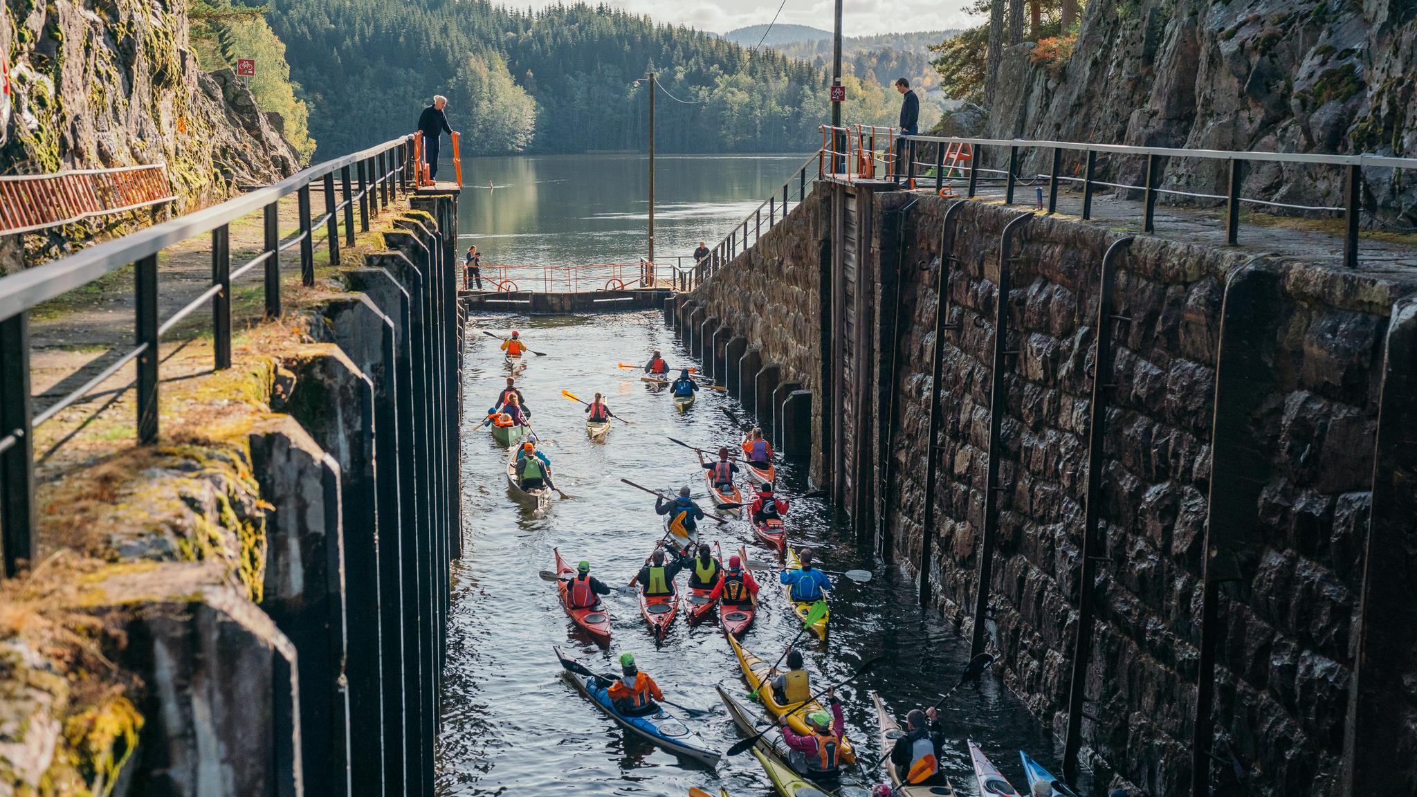Kayaking in the Telemark canal locks, Eastern Norway