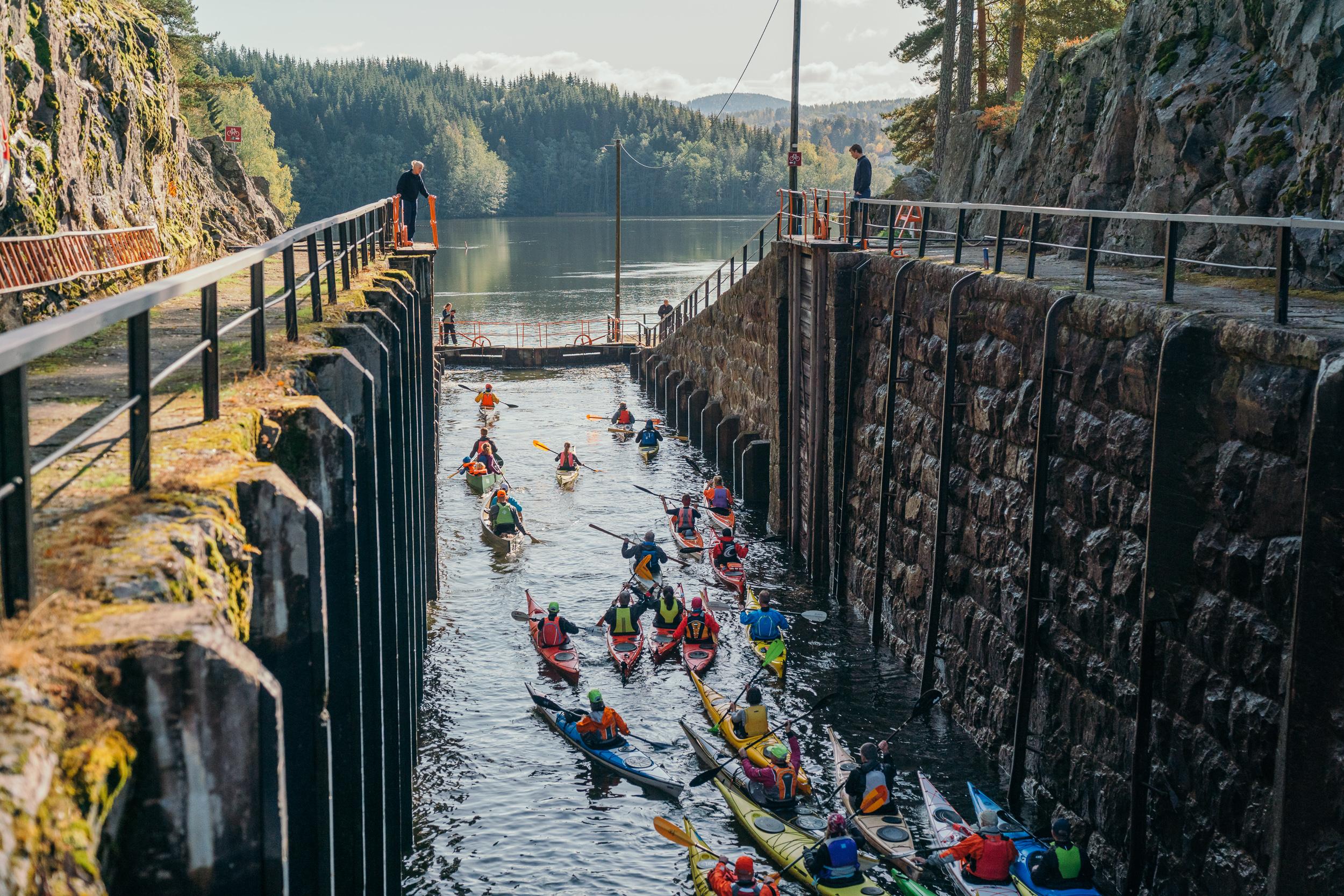 Kayaking in the Telemark canal locks, Eastern Norway