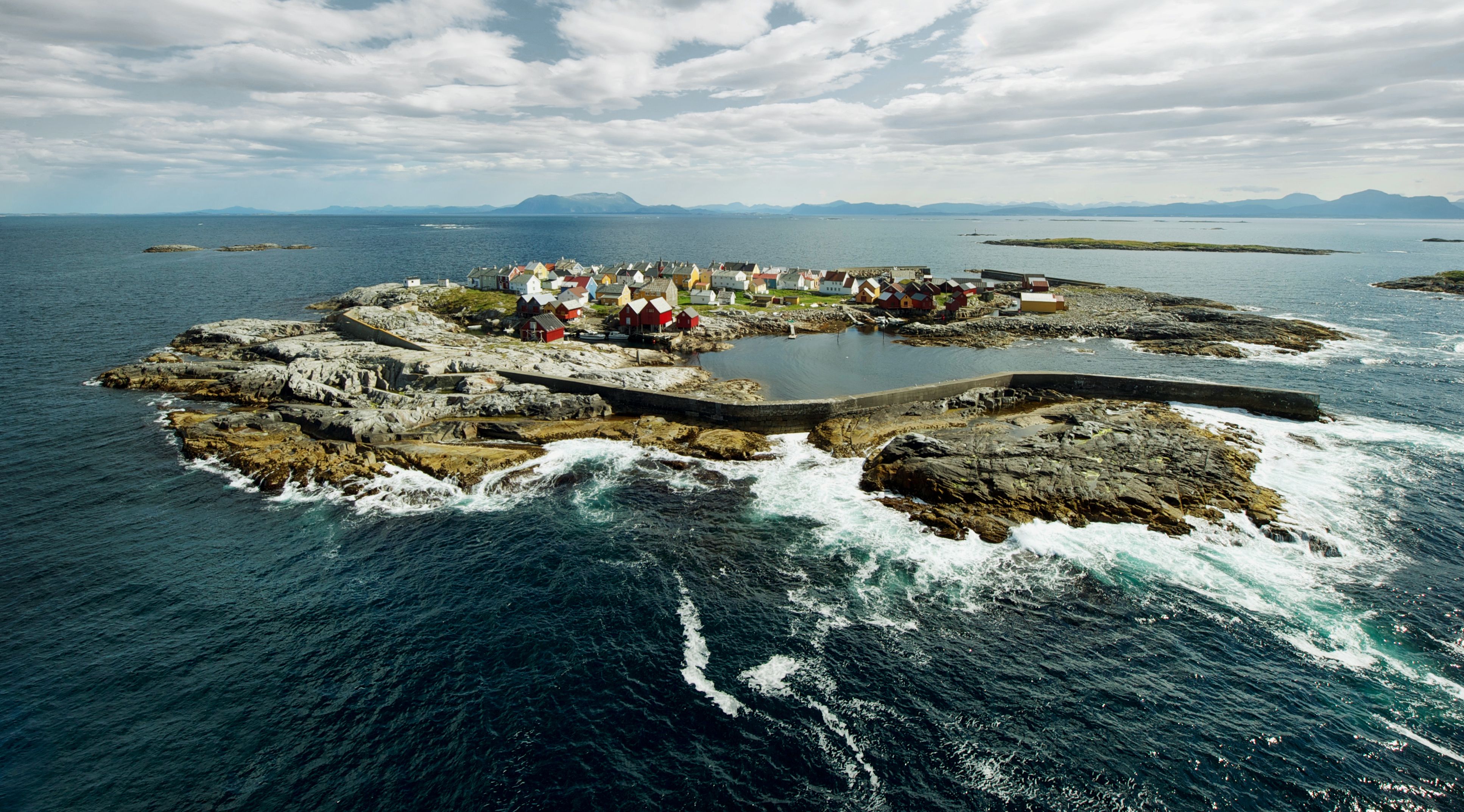 Grip island with small wooden houses in Kristiansund, Fjord Norway