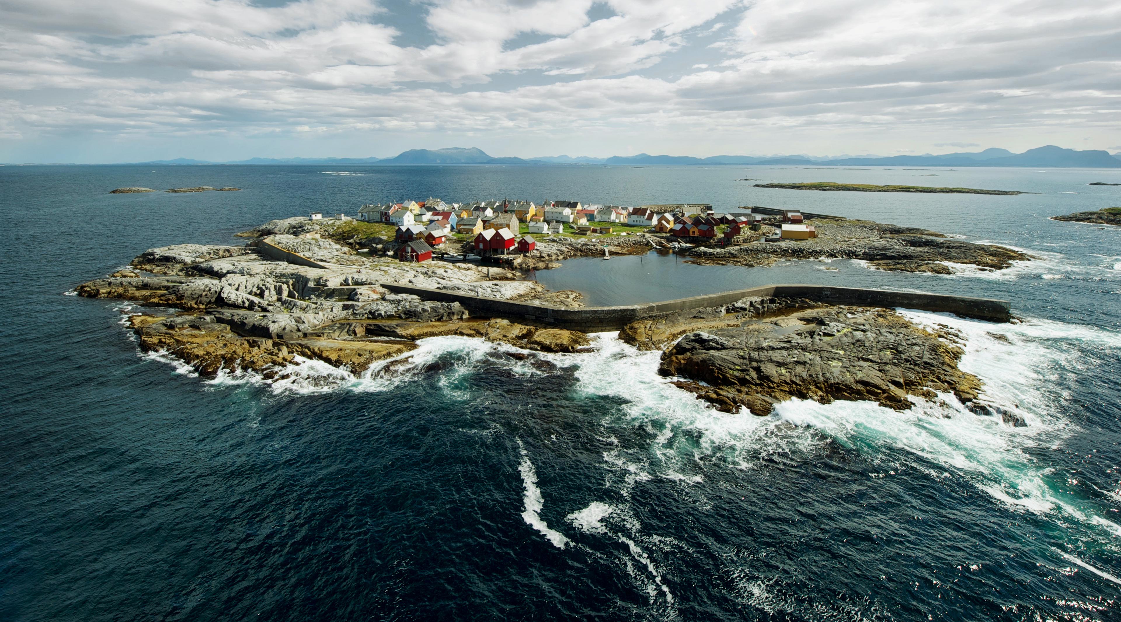 Grip island with small wooden houses in Kristiansund, Fjord Norway