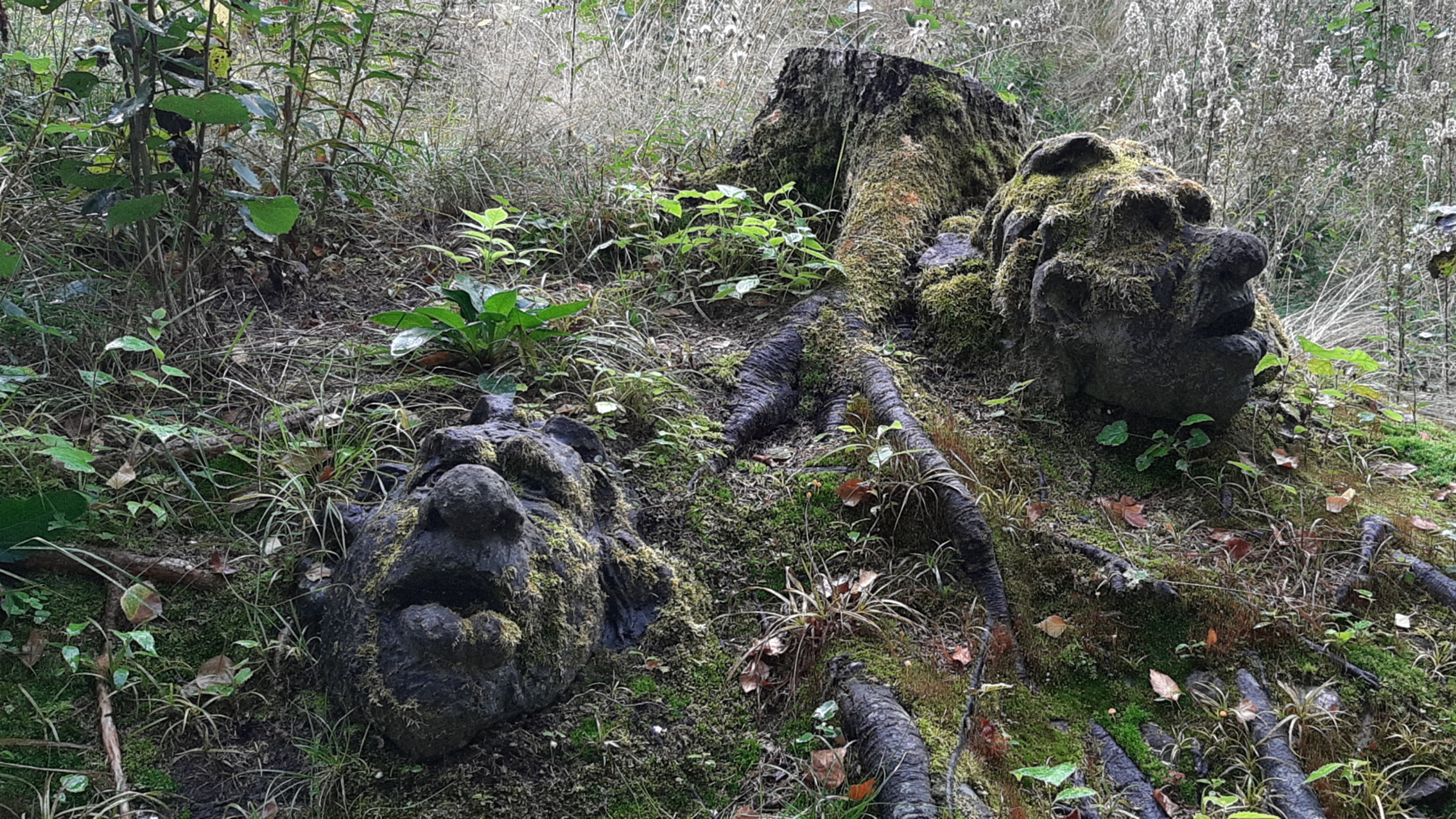 Two troll faces carved in wood