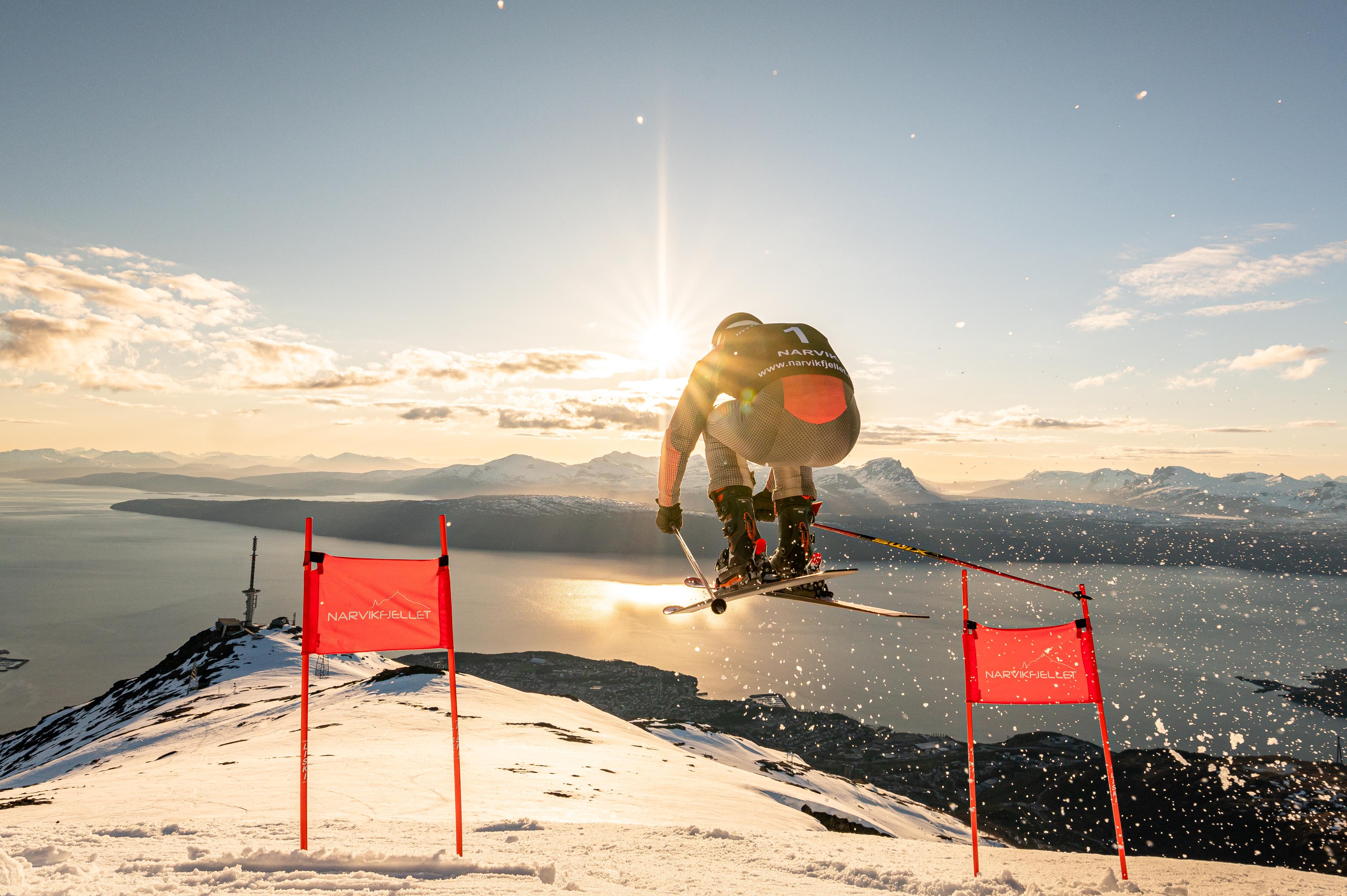 Alpine athlete competing at Narvik mountain with a spectacular view