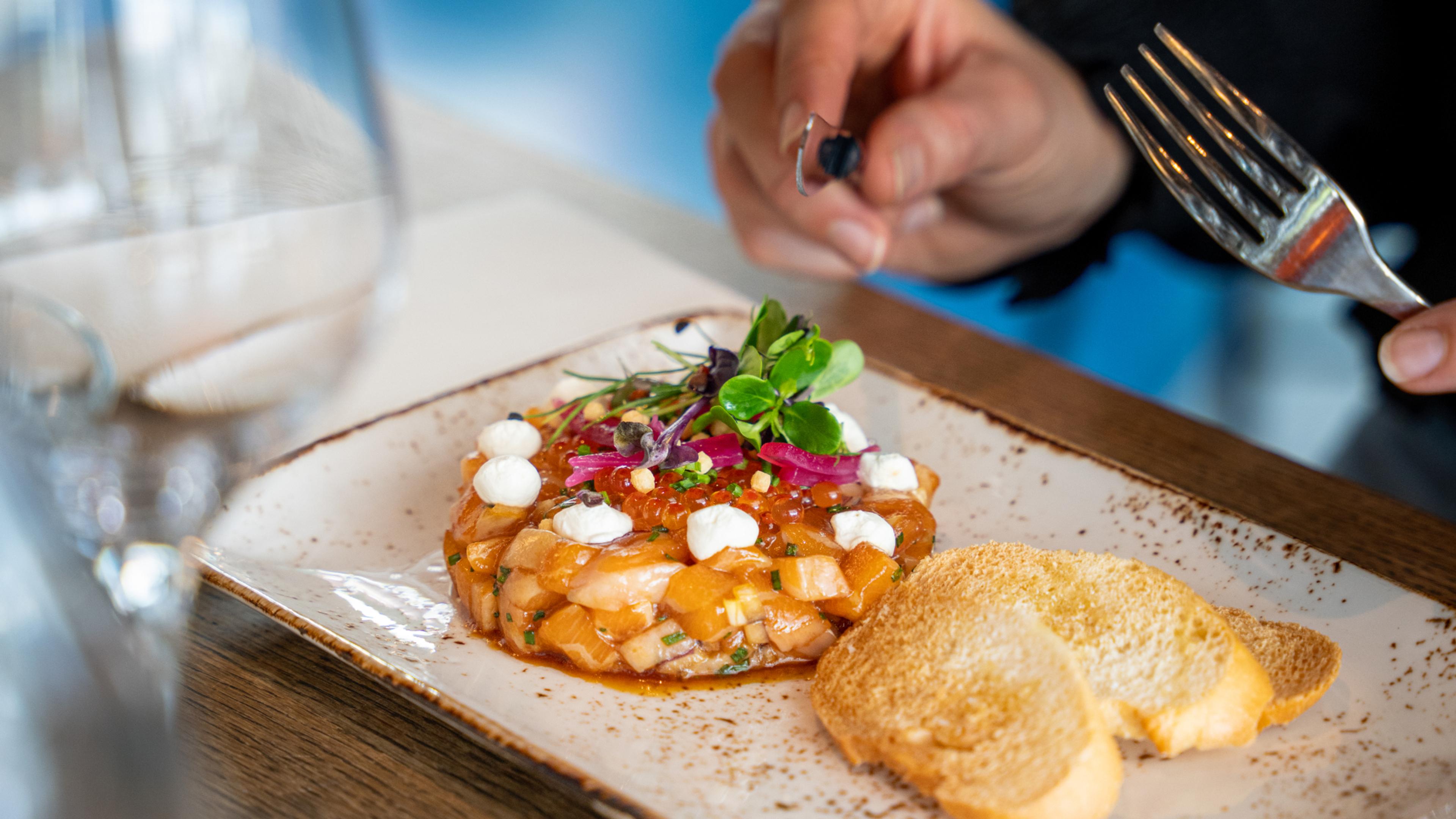 Plate of salmon tartar at The Salmon restaurant at Tjuvholmen, Oslo