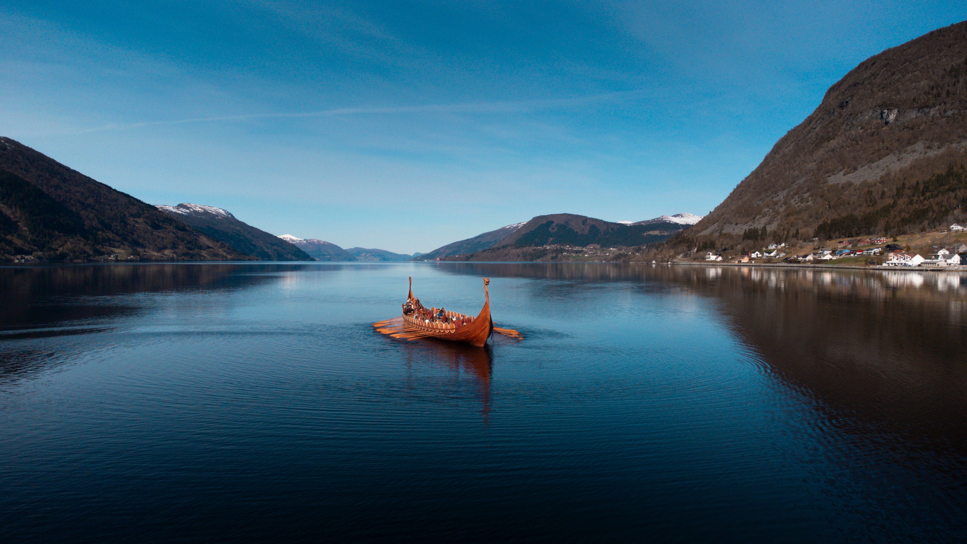 The Myklebust Viking ship sailing at the fjord in Nordfjord.