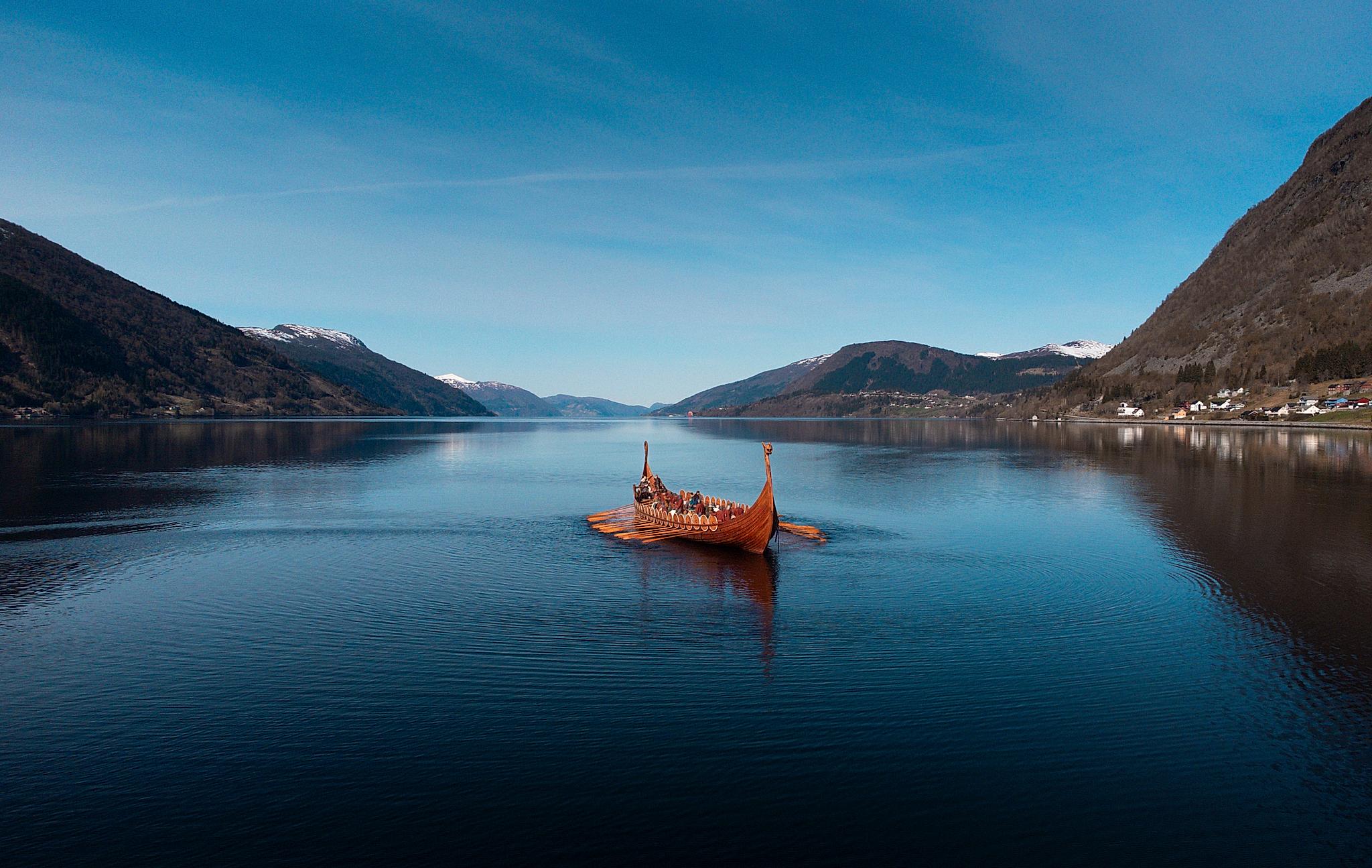 The Myklebust Viking ship sailing at the fjord in Nordfjord.