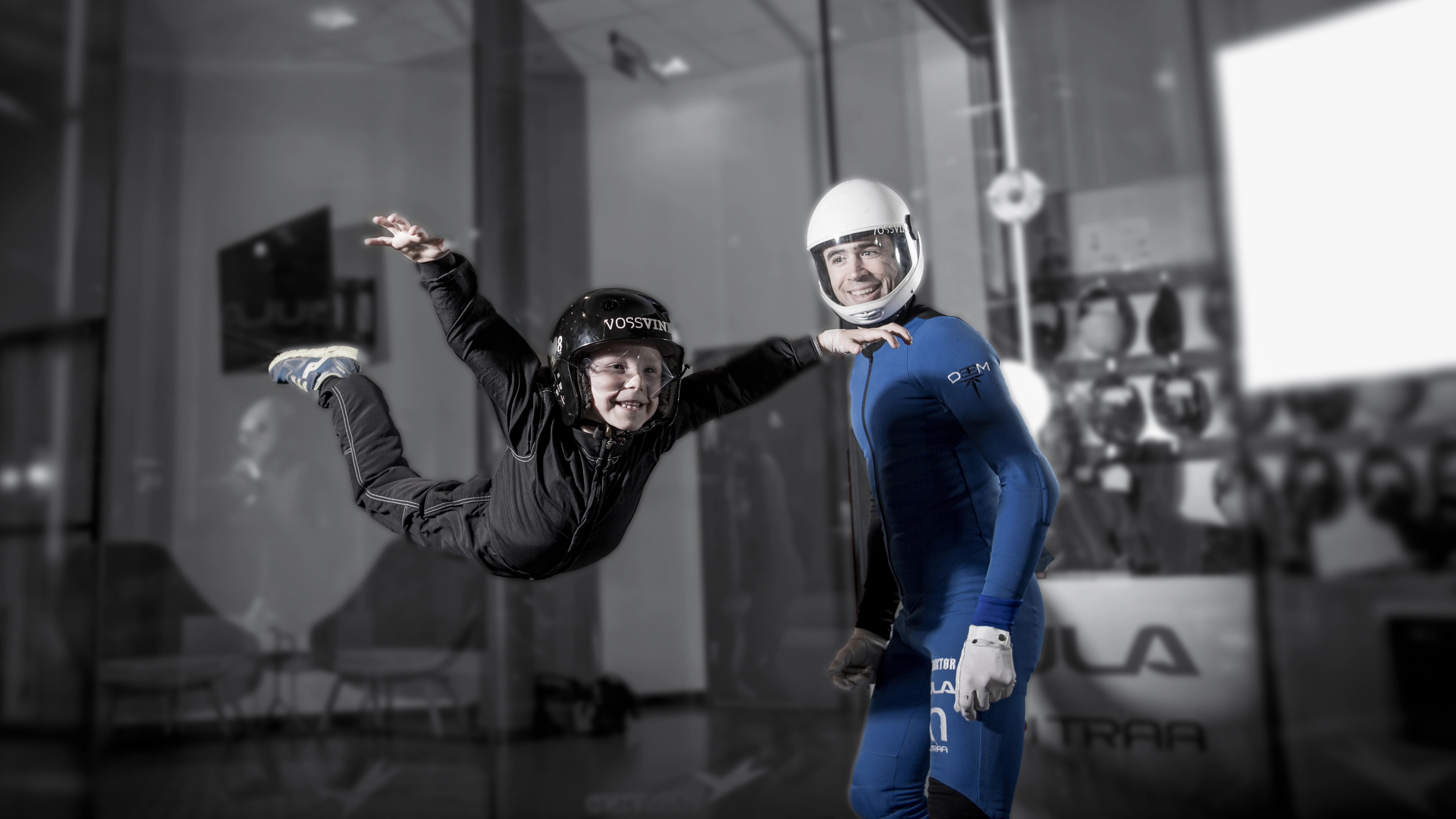 Boy in wind tunnel at VossVind in Voss, Fjord Norway