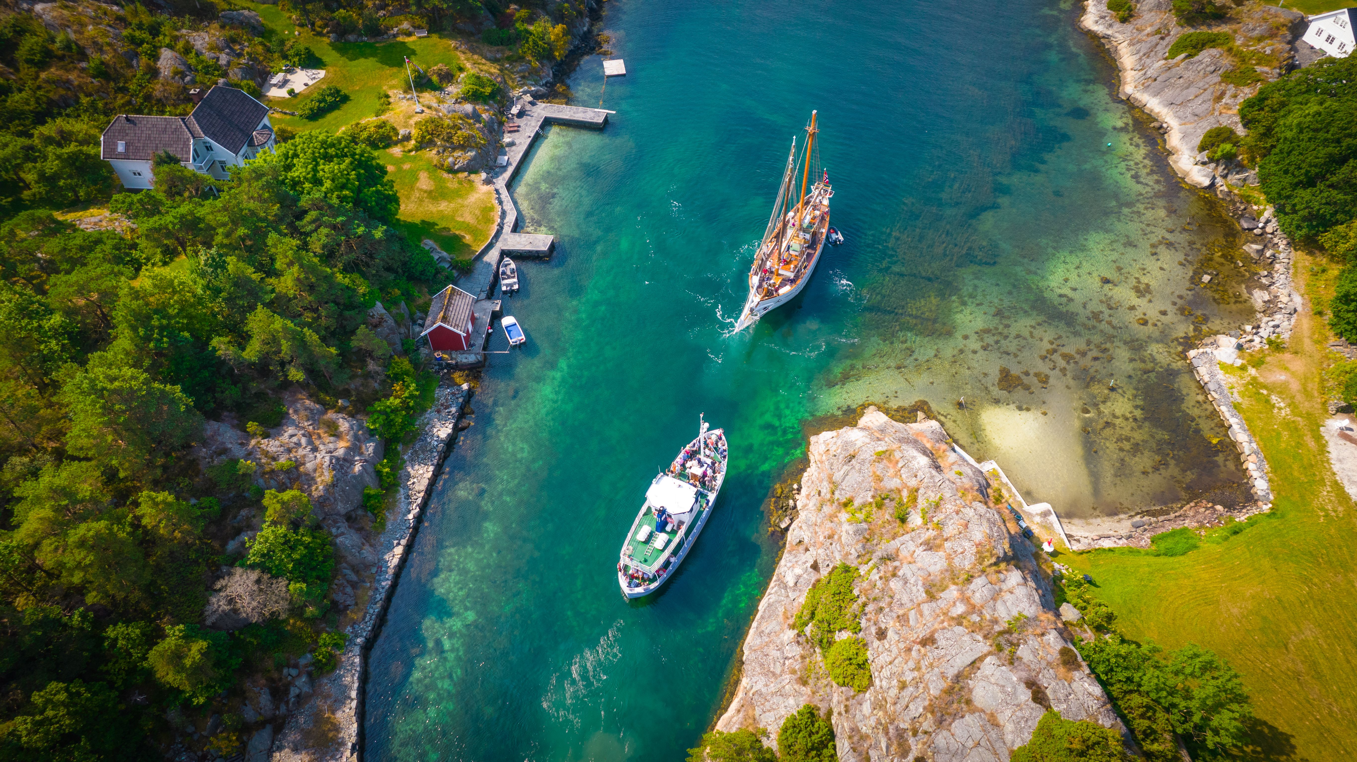 Public boat M/B Øya sailing through Blindleia, Southern Norway