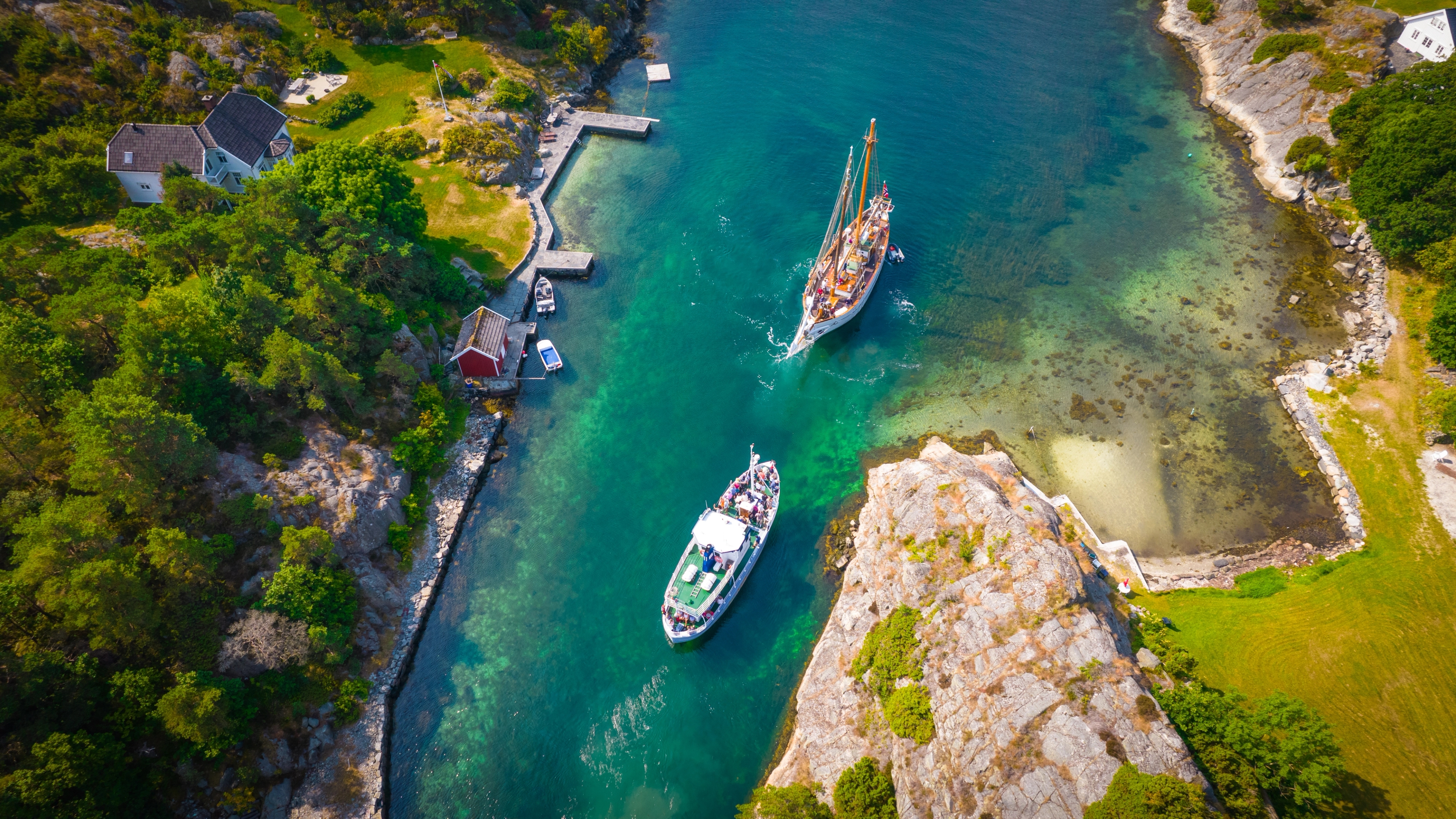 Public boat M/B Øya sailing through Blindleia, Southern Norway