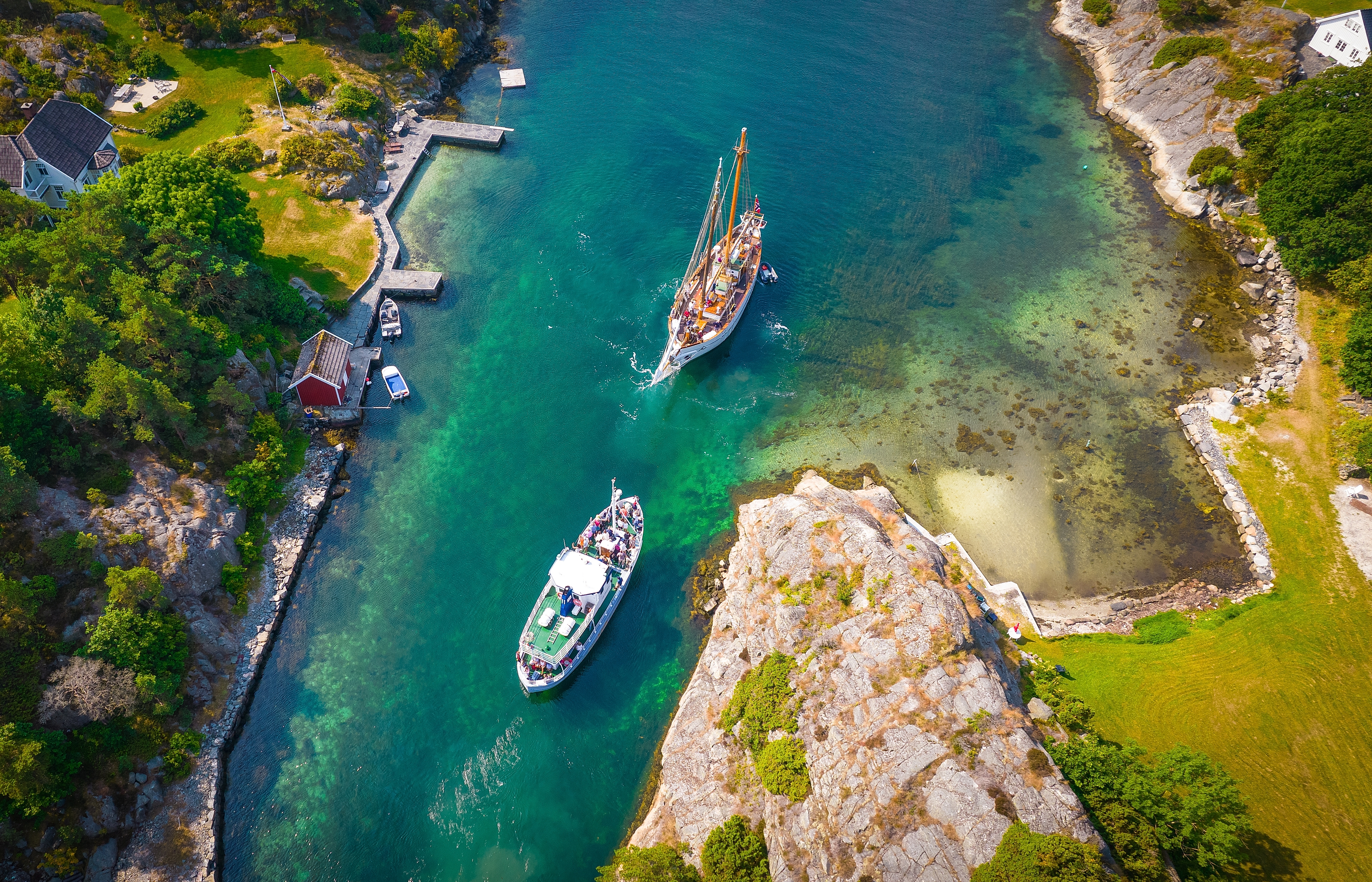Public boat M/B Øya sailing through Blindleia, Southern Norway