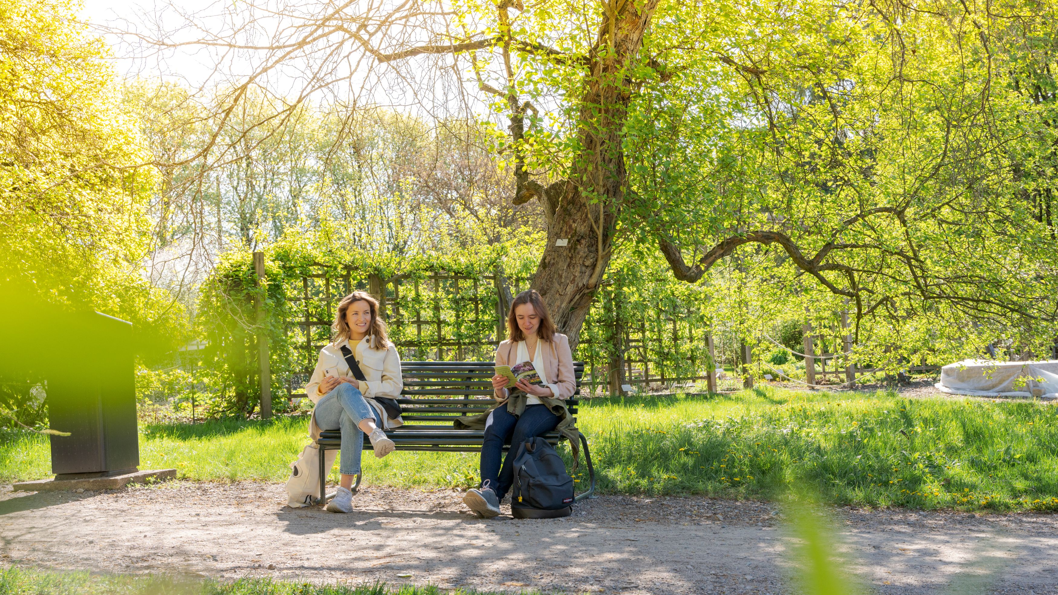 Two girls sitting on a bench in Oslo Botanical Garden