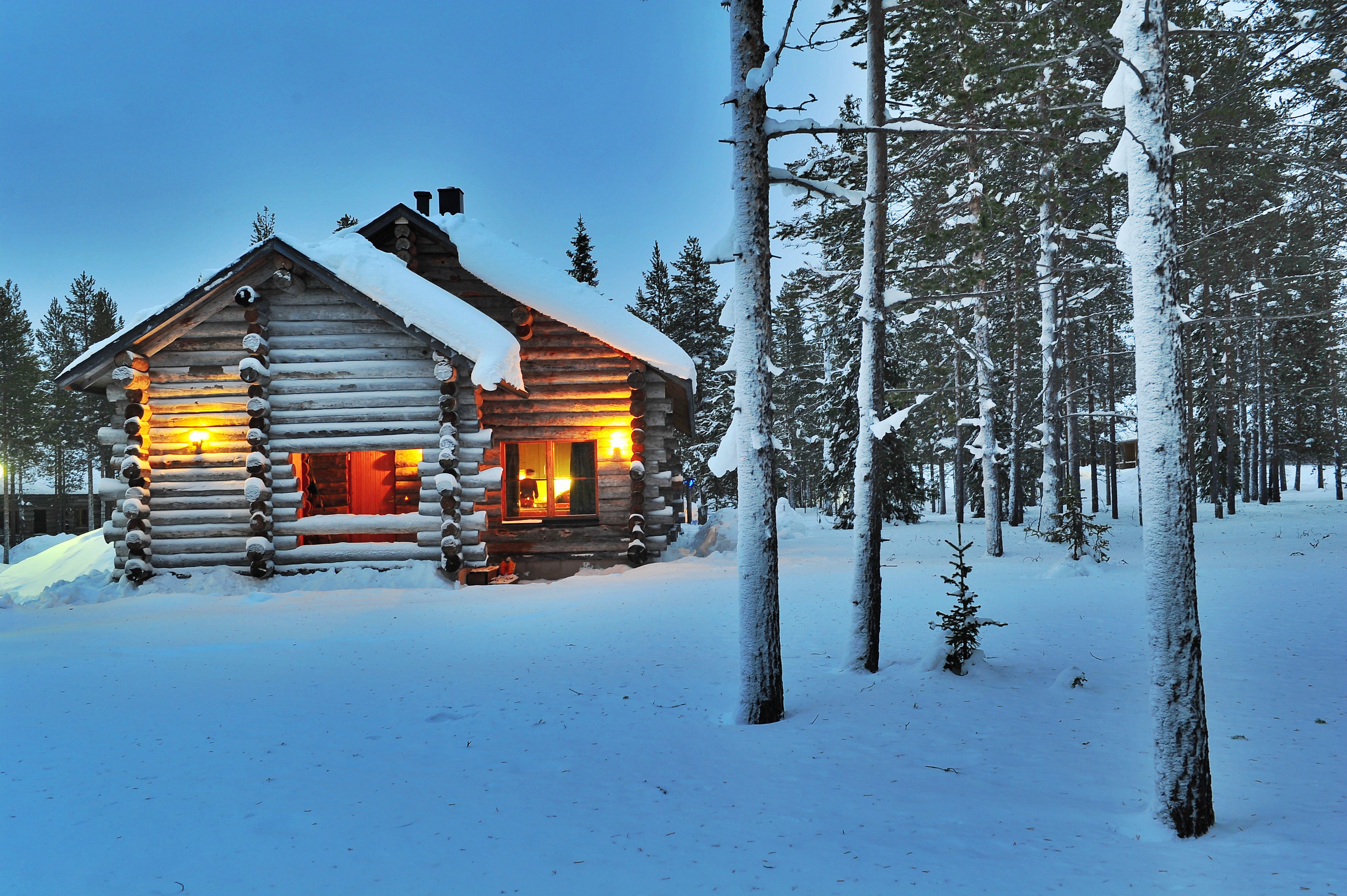 A cabin in the woods in wintertime.