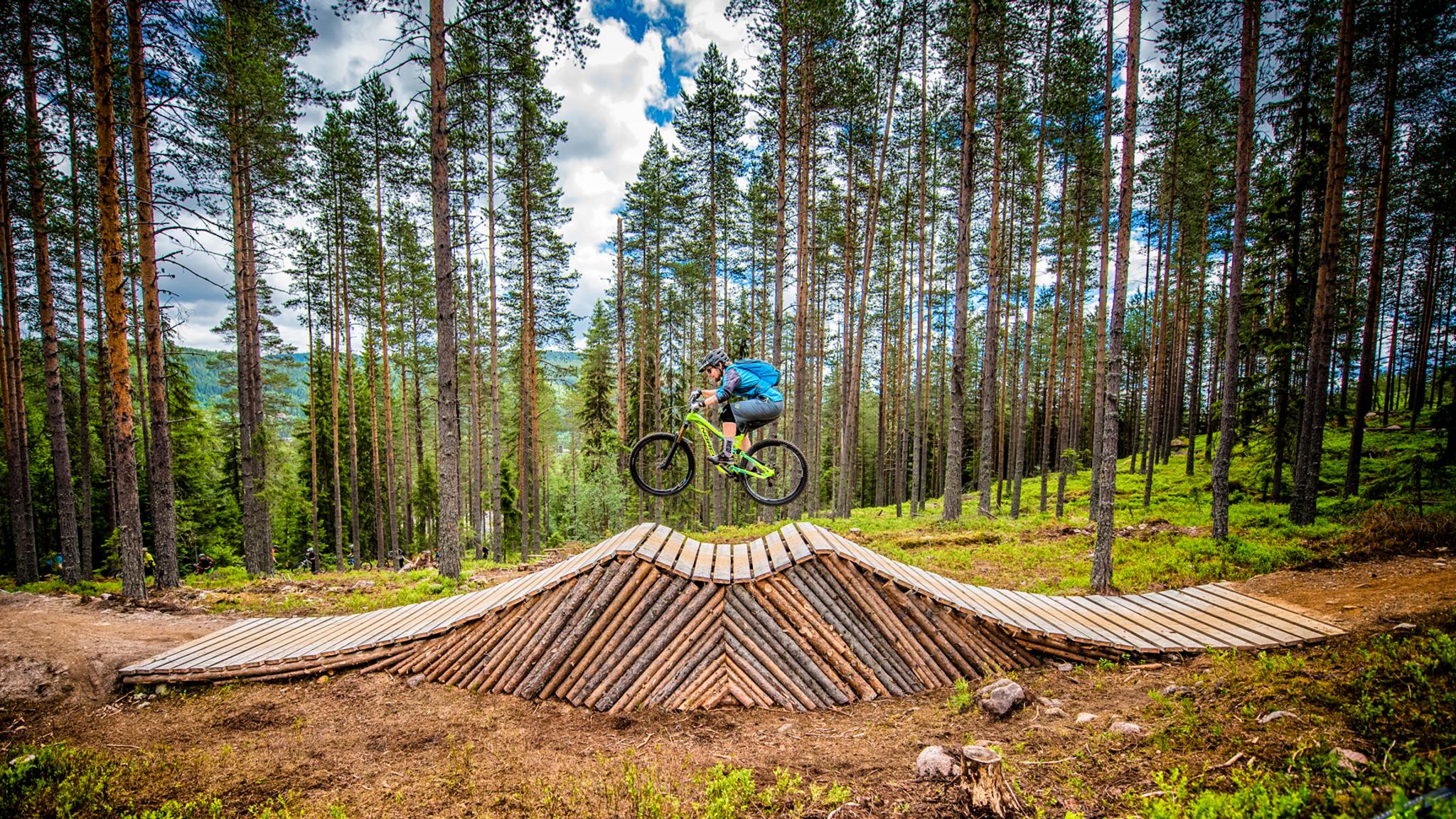 A person cycling on an obstacle in Trysil bike arena in Eastern Norway
