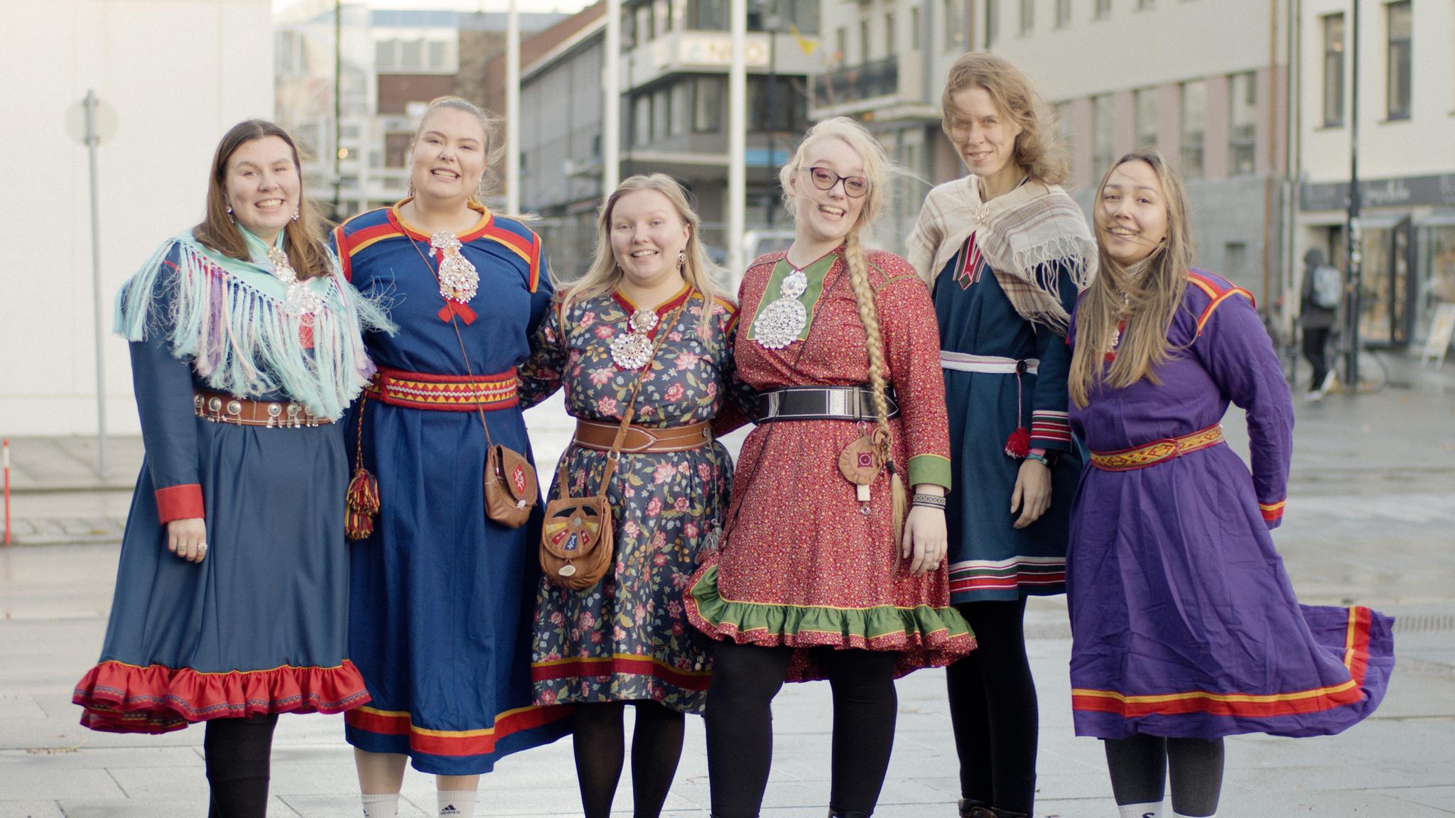 People wearing the traditional Sami dress kofte in Bodø, Nordland, Northern Norway.